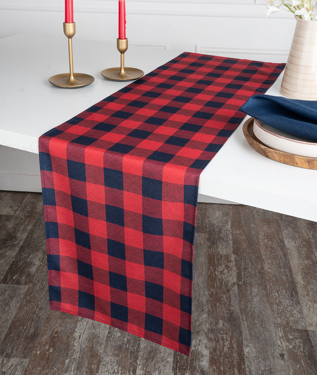Navy Blue and Red Buffalo Check Linen Textured Table Runner - 4th July Print