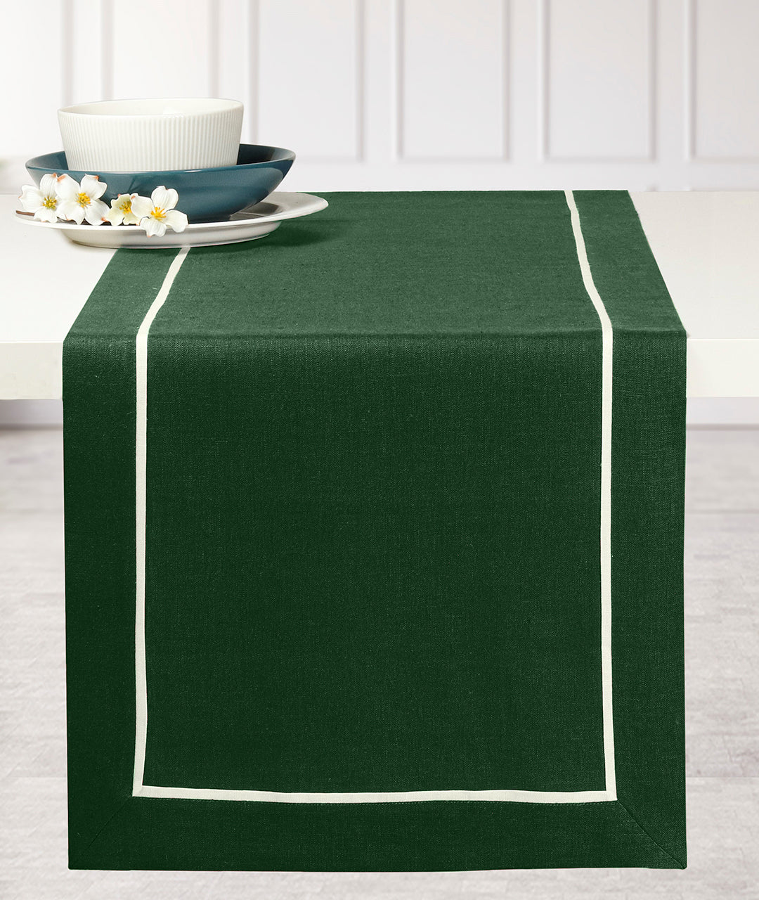 Eden Green & White Linen Table Runner - Reversible