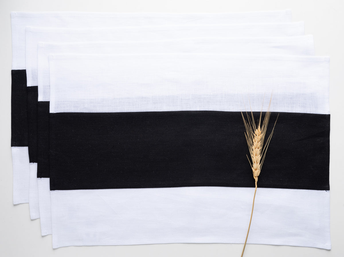 White and Black Linen Placemats 12 x 18 Inch Set of 4 - Splicing