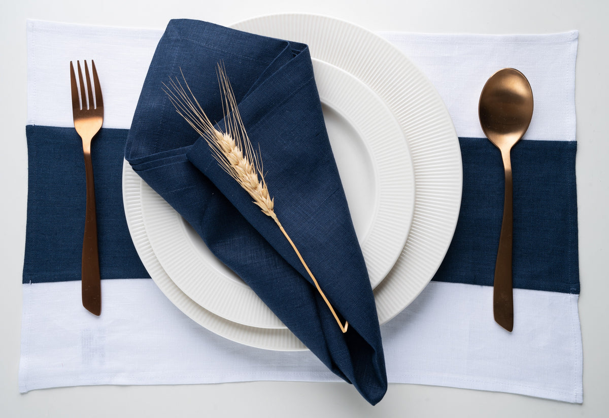 White and Navy Blue Linen Placemats 12 x 18 Inch Set of 4 - Splicing