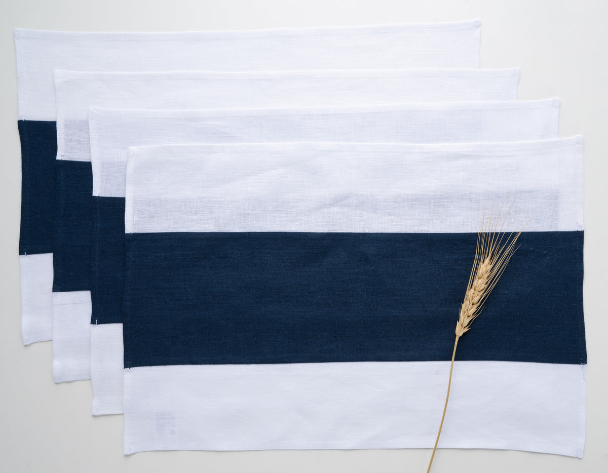 White and Navy Blue Linen Placemats 12 x 18 Inch Set of 4 - Splicing