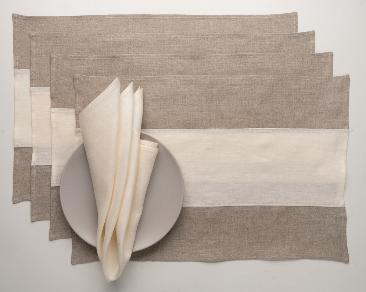 Natural and Ivory Linen Placemats 12 x 18 Inch Set of 4 - Splicing