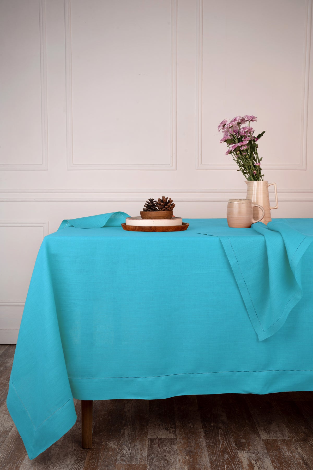 Cyan Blue Pure Linen Tablecloth - Hemstitch