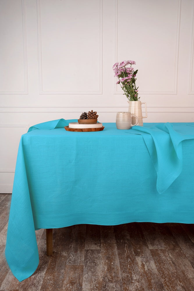 Cyan Blue Linen Tablecloth - Hemmed