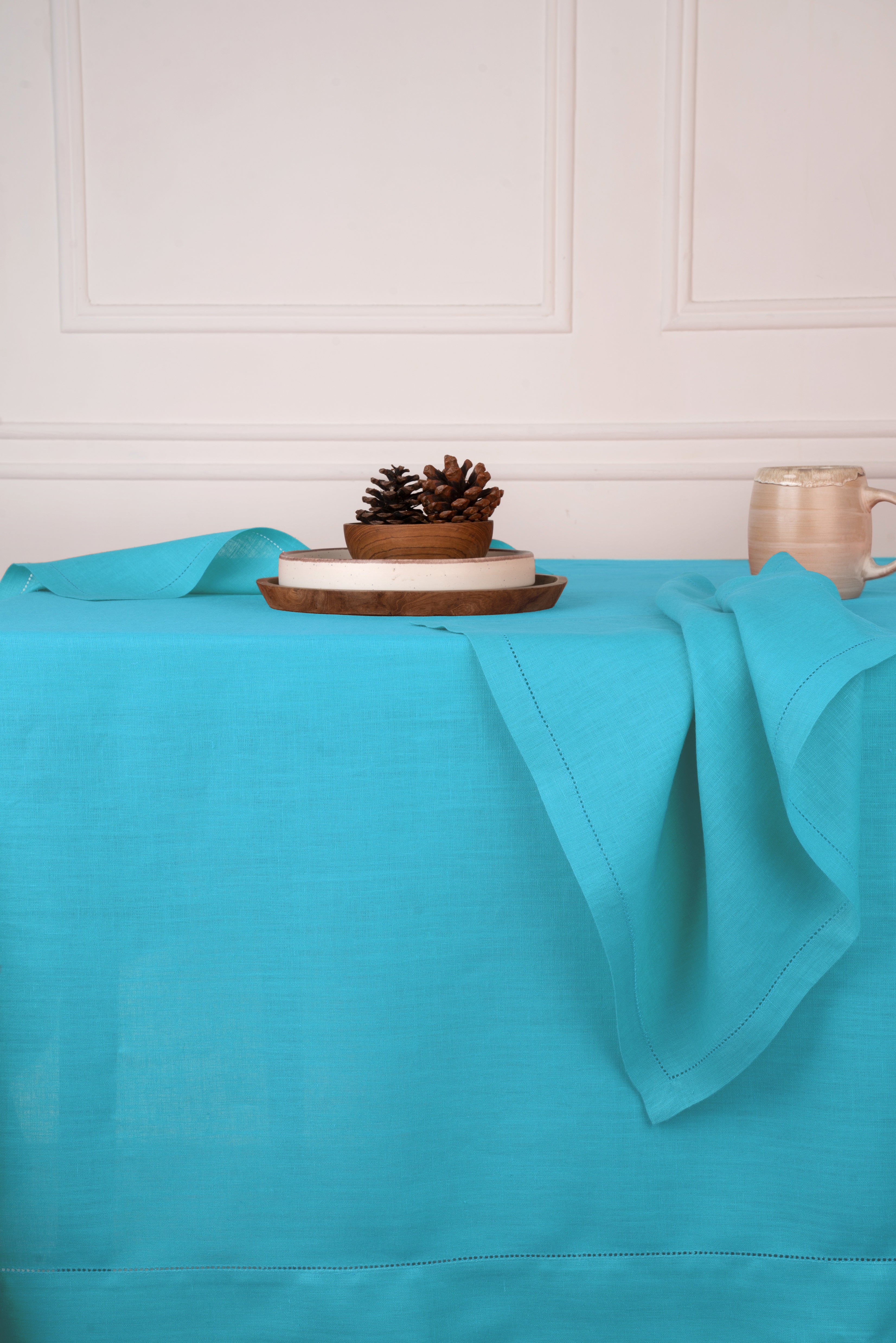 Cyan Blue Linen Tablecloth, Hemstitch