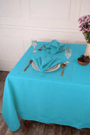 Cyan Blue Linen Tablecloth - Hemstitch
