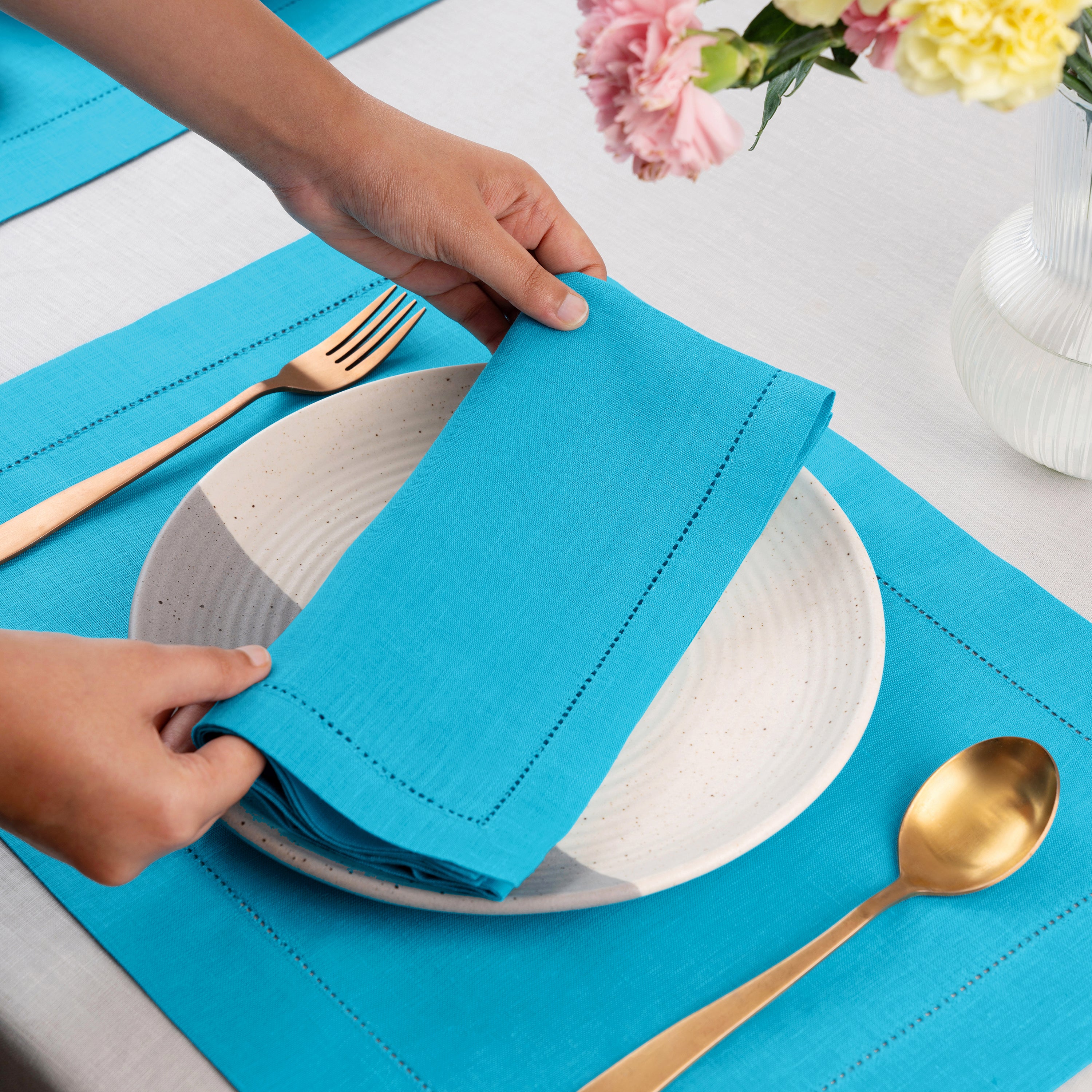 Cyan Blue Linen Napkins, Hemstitch, 20 x 20 inch, 4 pcs