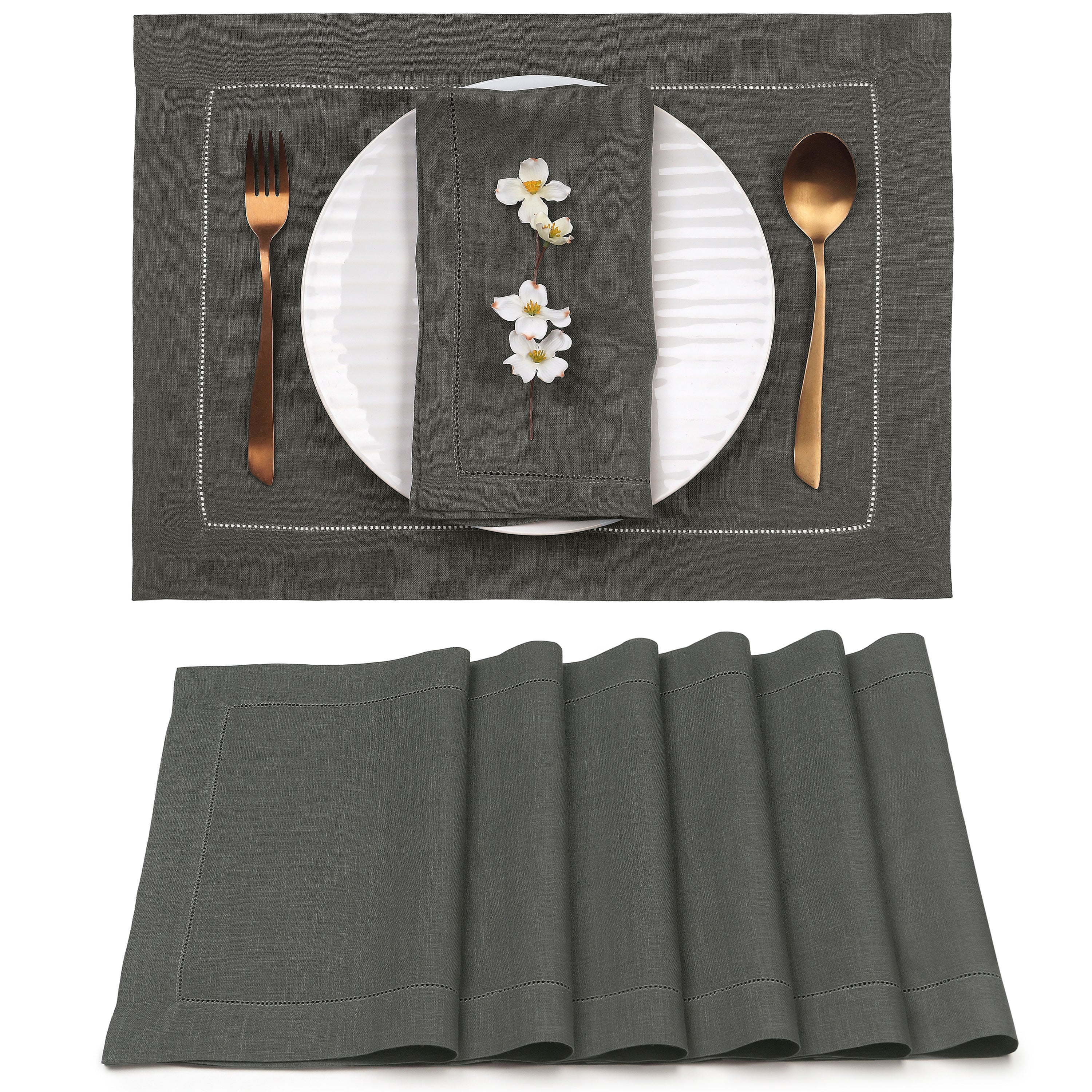 Charcoal Grey Linen Placemats, Hemstitch, 14 x 19 inch, 6 pcs