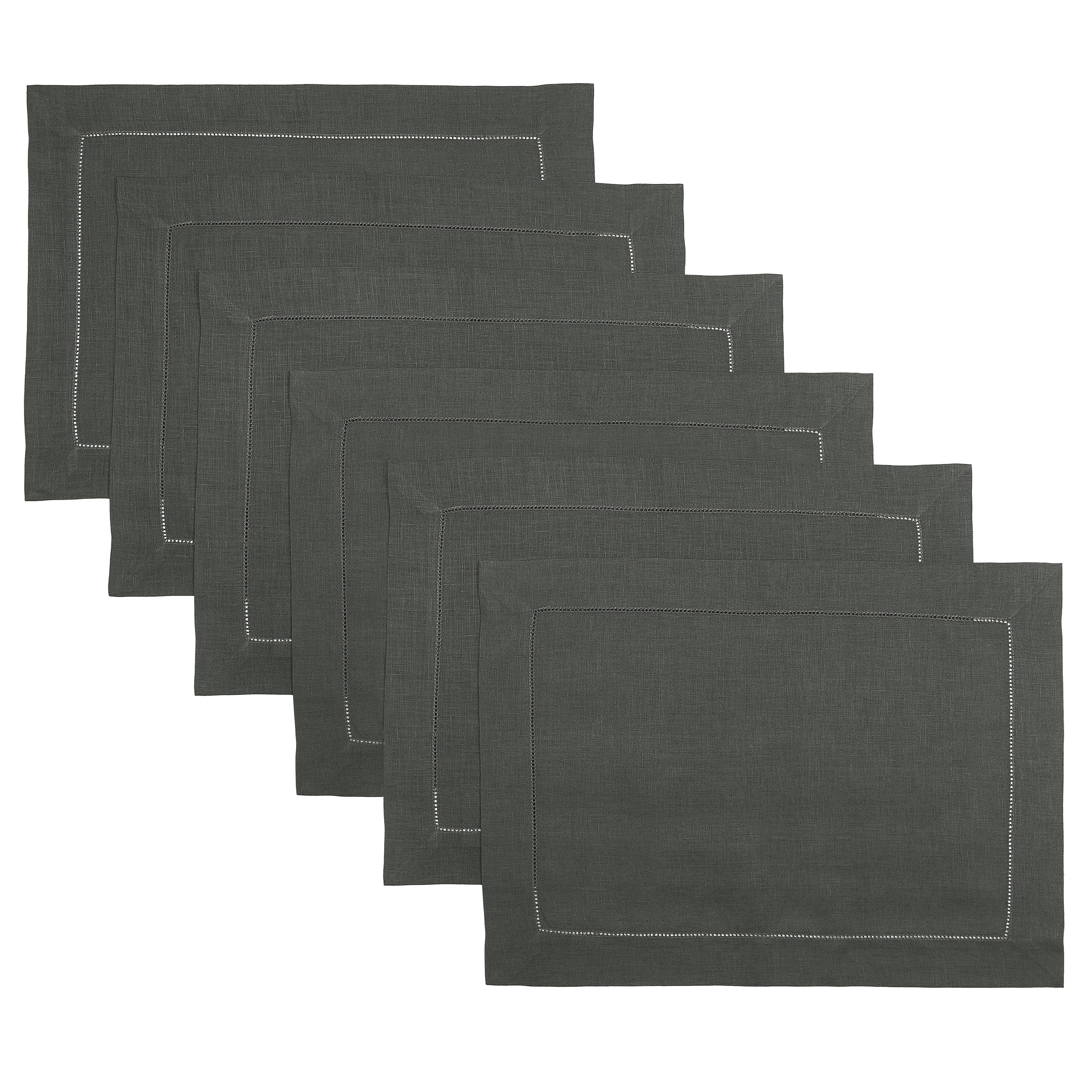 Charcoal Grey Linen Placemats, Hemstitch, 14 x 19 inch, 6 pcs