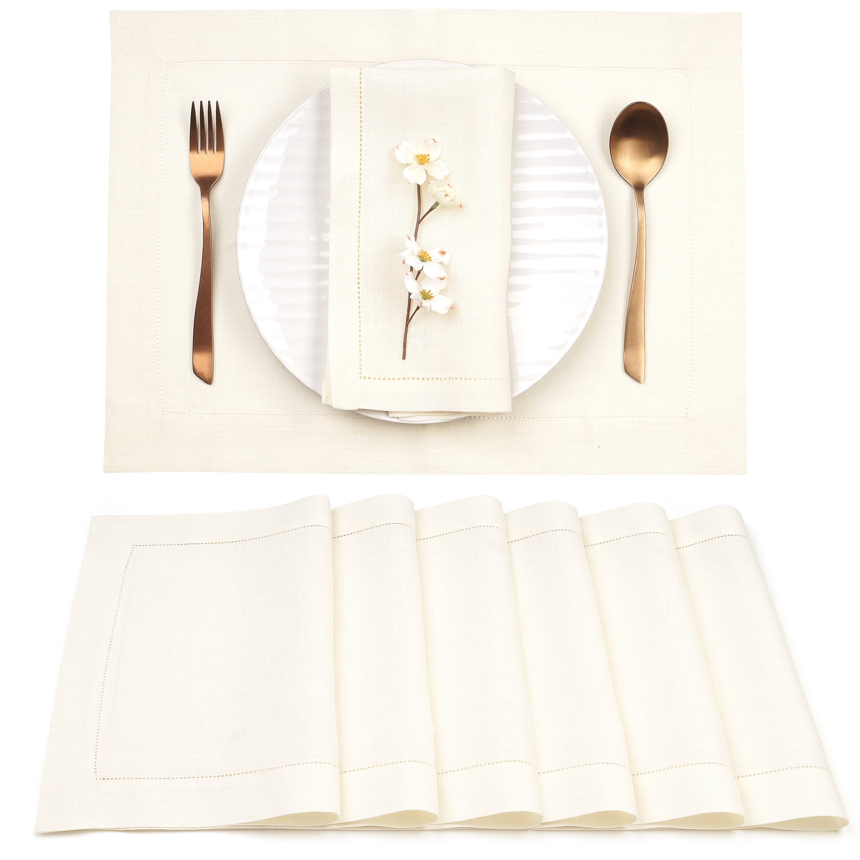 Ivory Linen Placemats, Hemstitch, 14 x 19 inch, 6 pcs