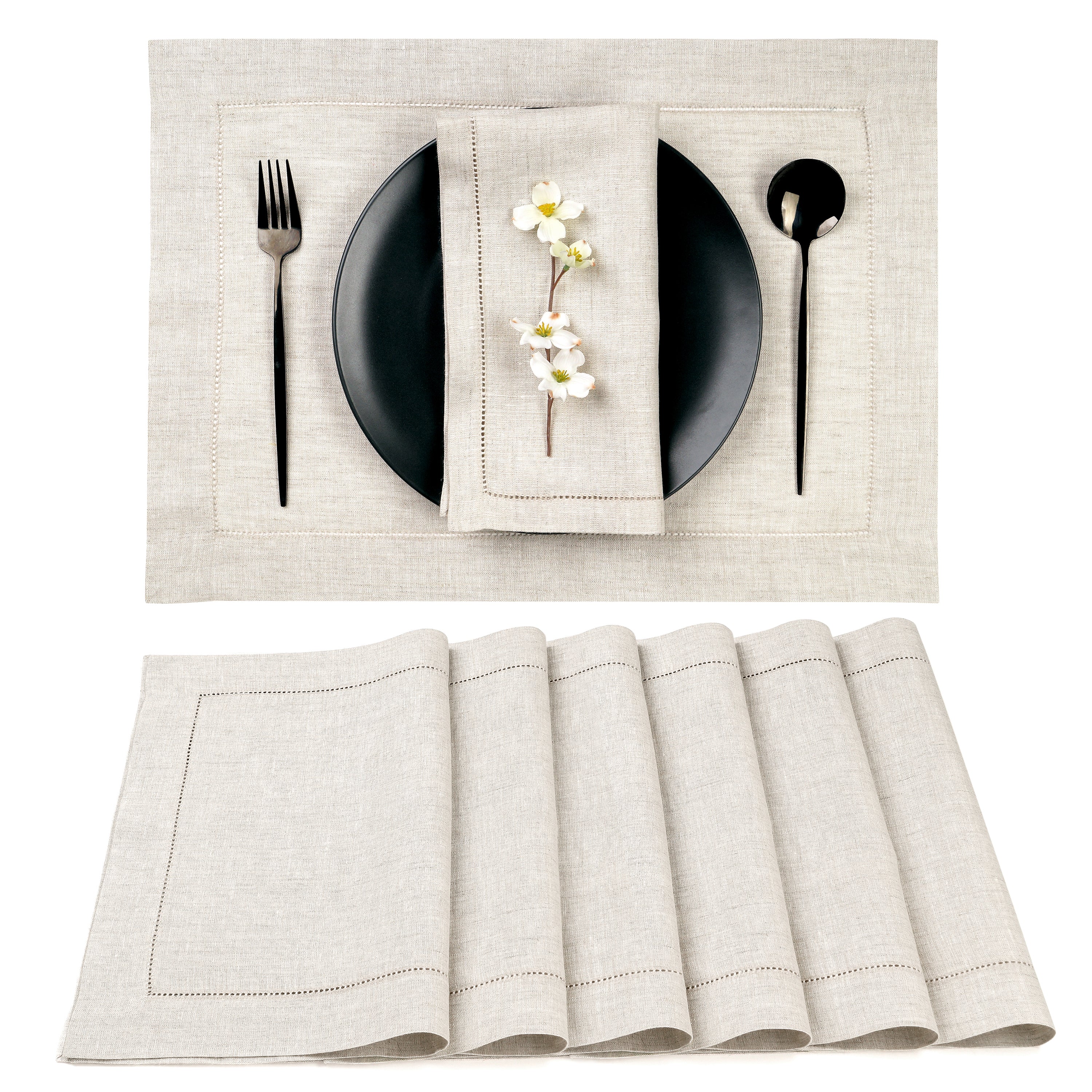 Light Natural Linen Placemats, Hemstitch, 14 x 19 inch, 6 pcs