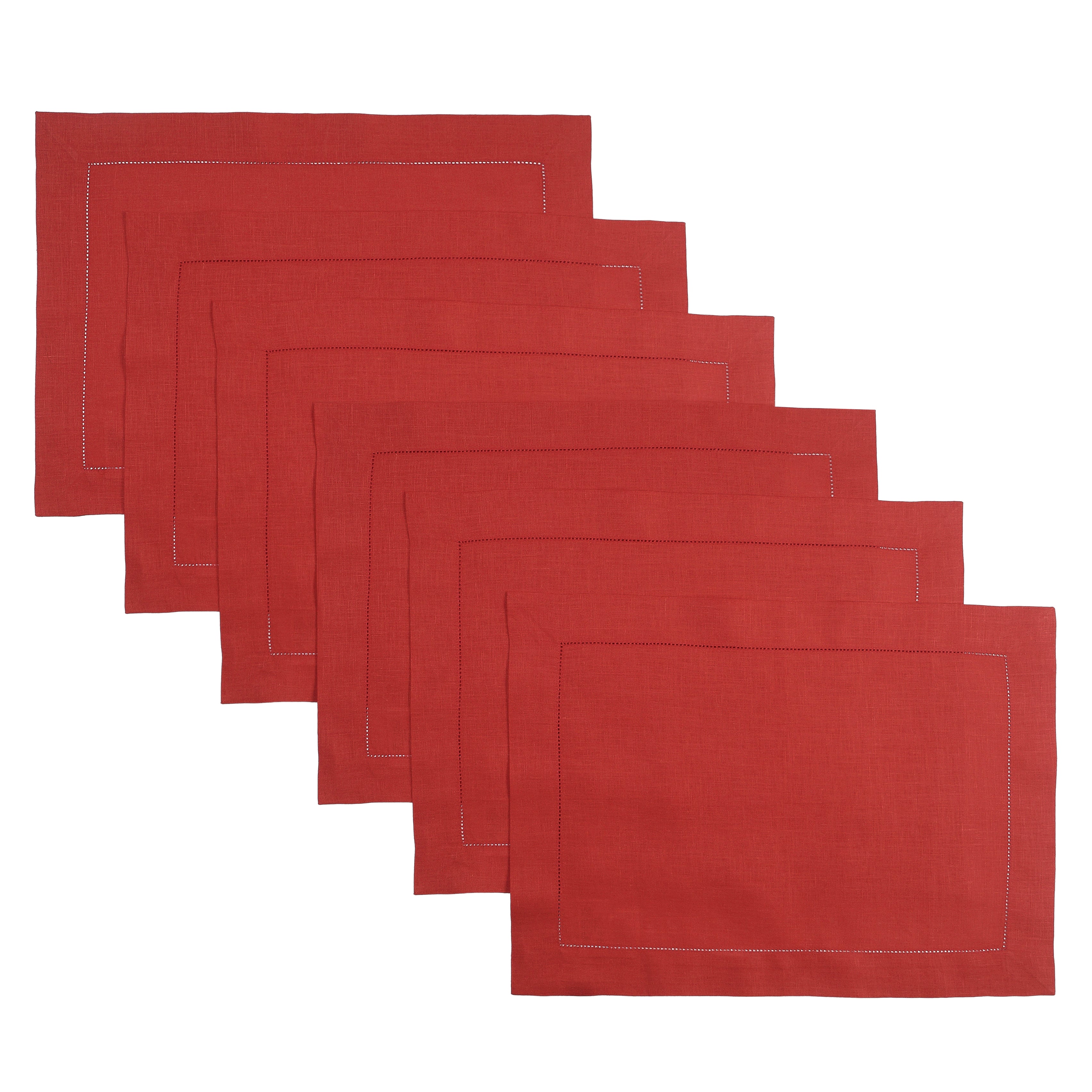 Bright Red Linen Placemats, Hemstitch, 14 x 19 inch, 6 pcs