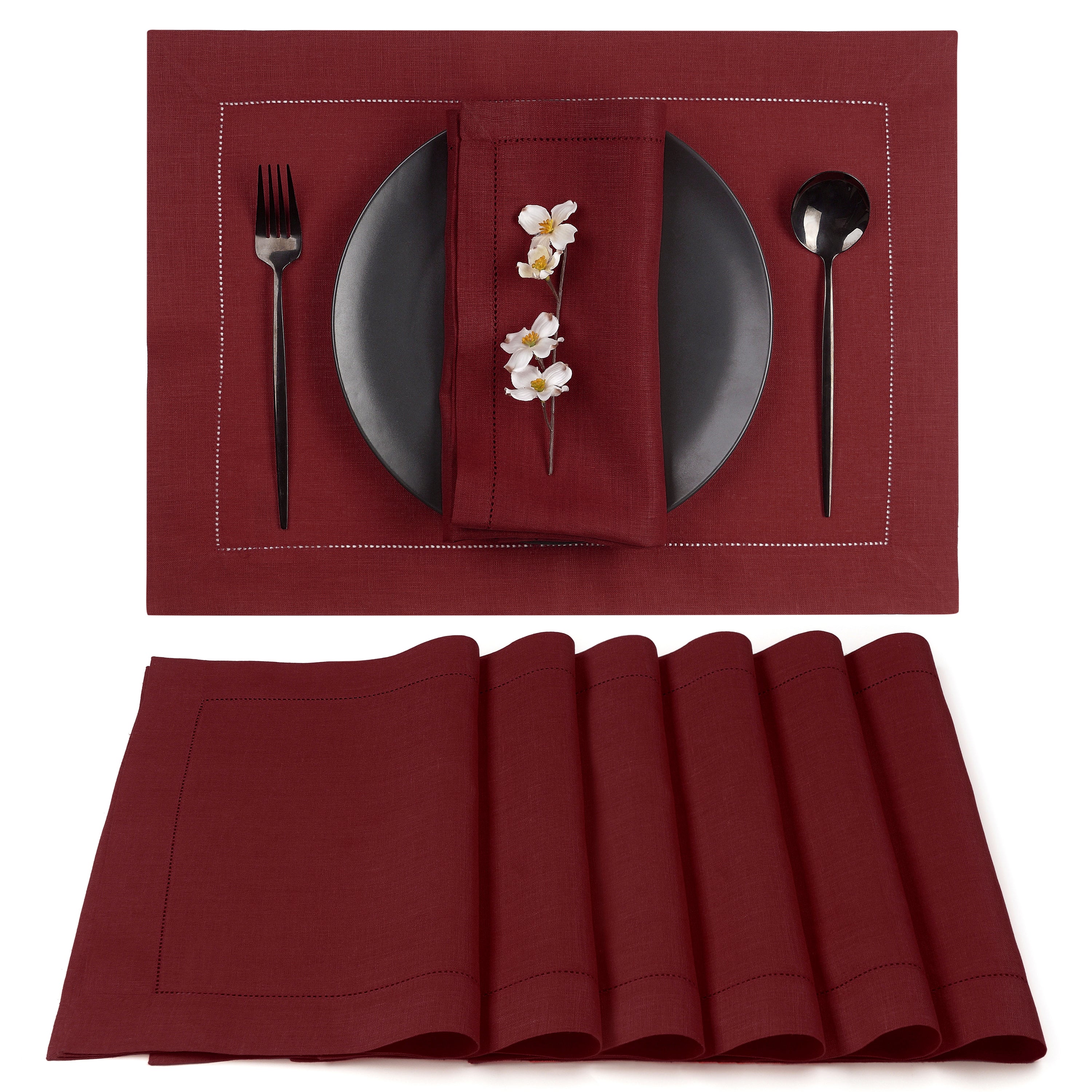 Dark Red Linen Placemats, Hemstitch, 14 x 19 inch, 6 pcs