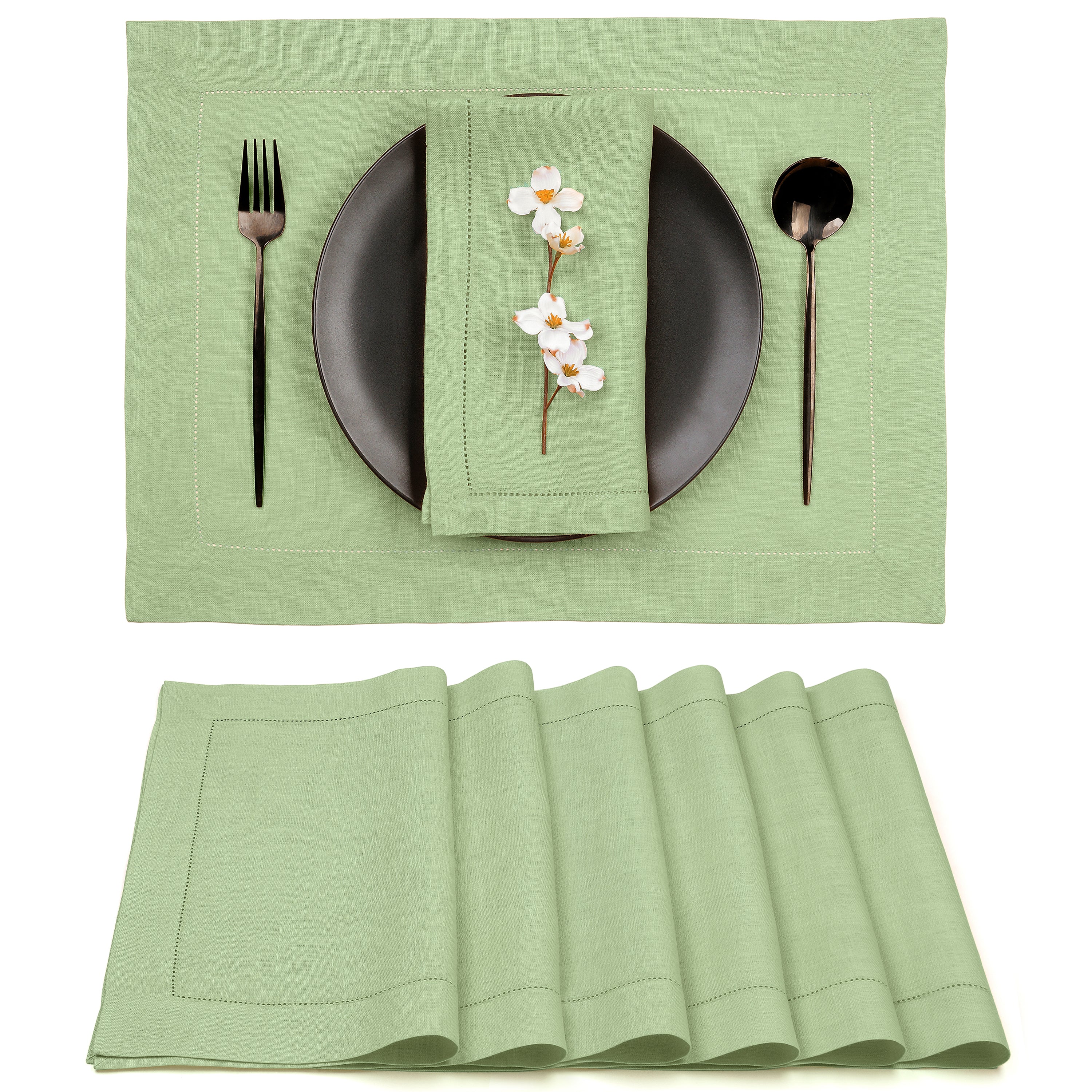 Sage Green Linen Placemats, Hemstitch, 14 x 19 inch, 6 pcs