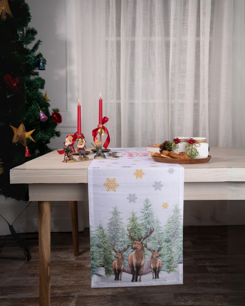 Reindeer & Pine Tree Raw Silk Textured Table Runner - Christmas Print