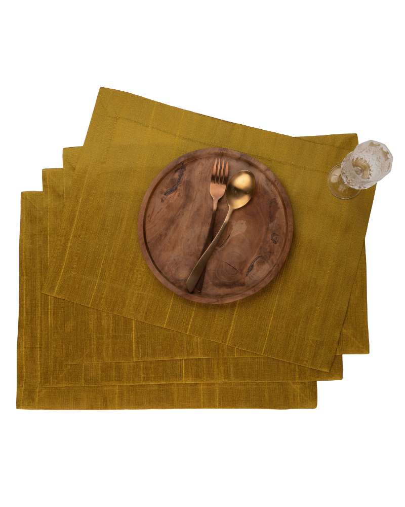 Gold Raw Silk Textured Placemats 14 x 19 Inch Set of 4 - Mitered Corner