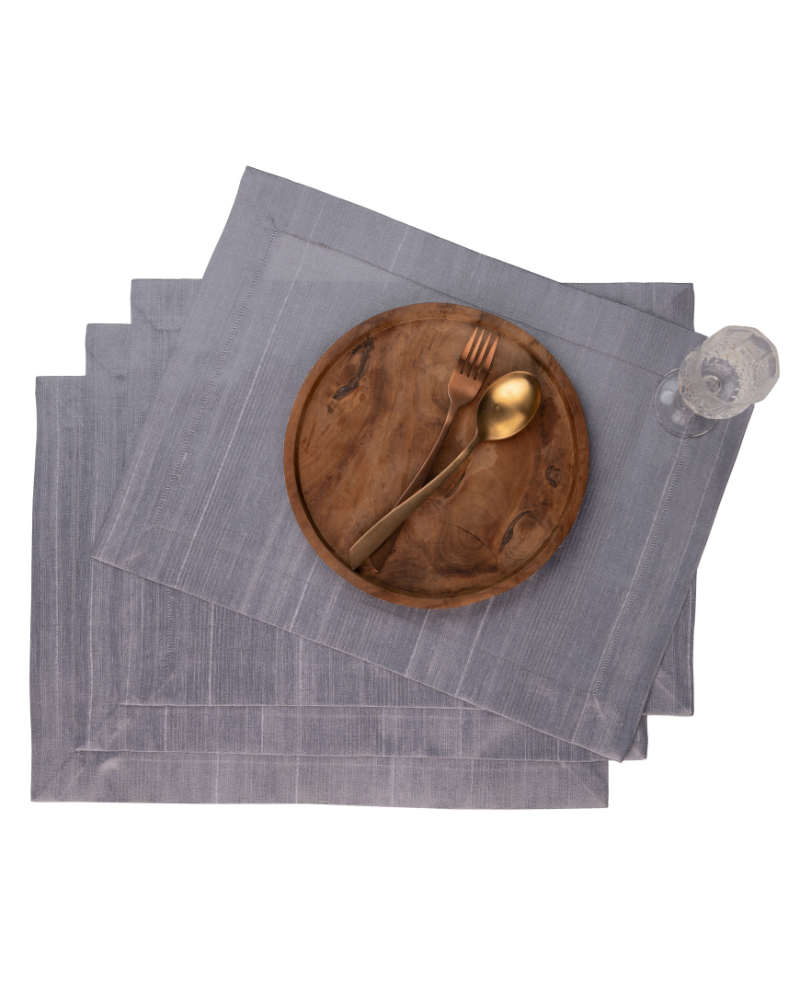 Steel Grey Raw Silk Textured Placemats 14 x 19 Inch Set of 4 - Mitered Corner