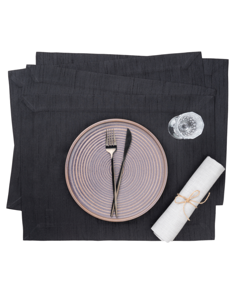 Black Silk Textured Placemats 14 x 19 Inch Set of 4 - Mitered Corner