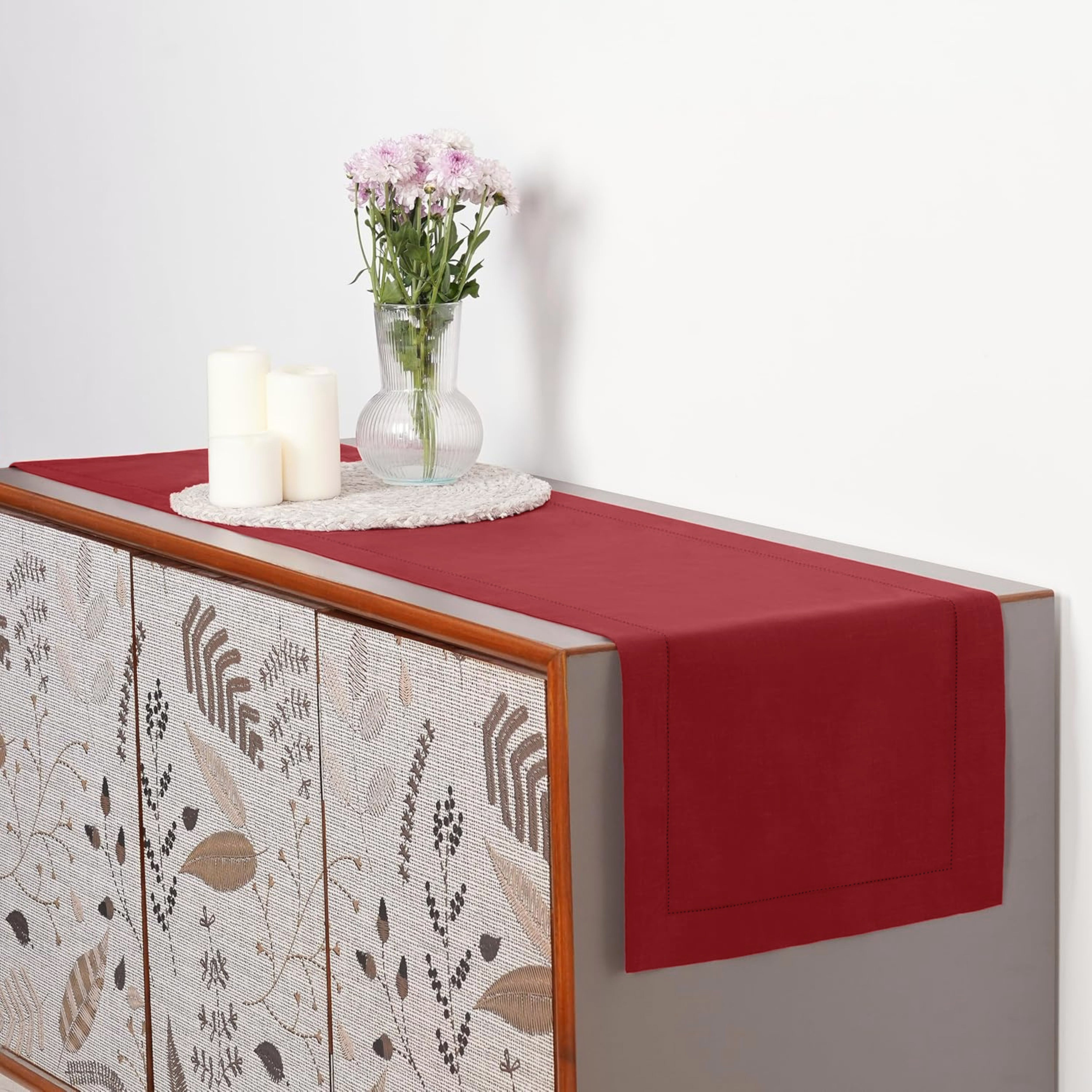 Red Linen Table Runner, Hemstitch