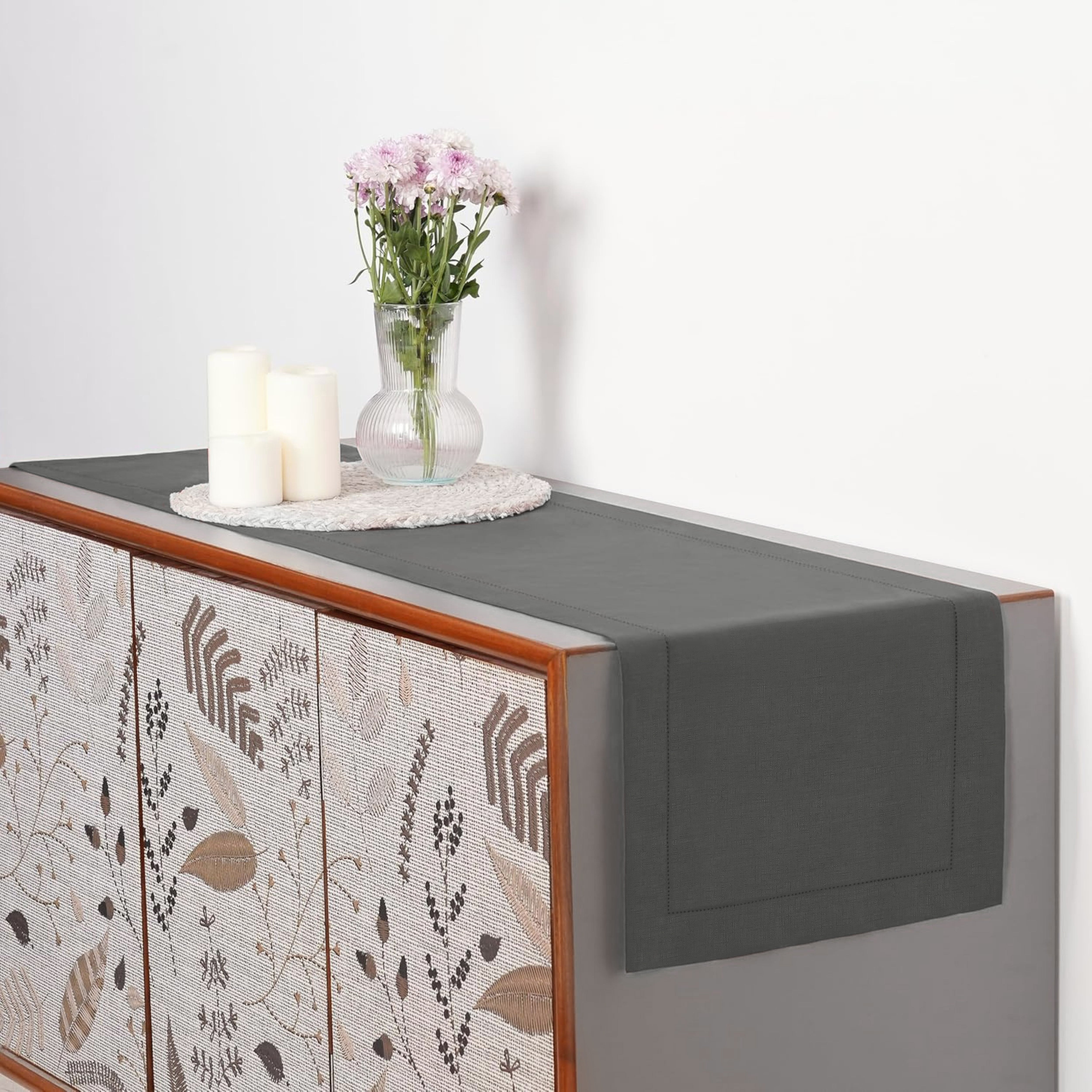 Charcoal Grey Linen Table Runner, Hemstitch