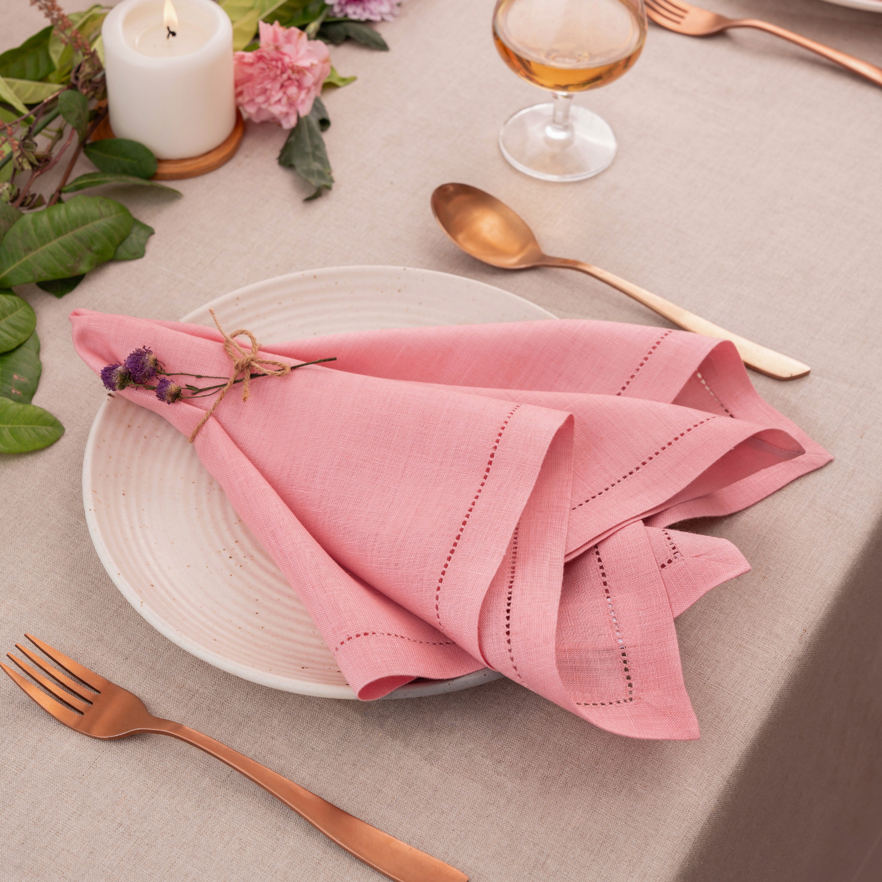 Dusty Pink Linen Napkins, Hemstitch, 20 x 20 inch, 4 pcs