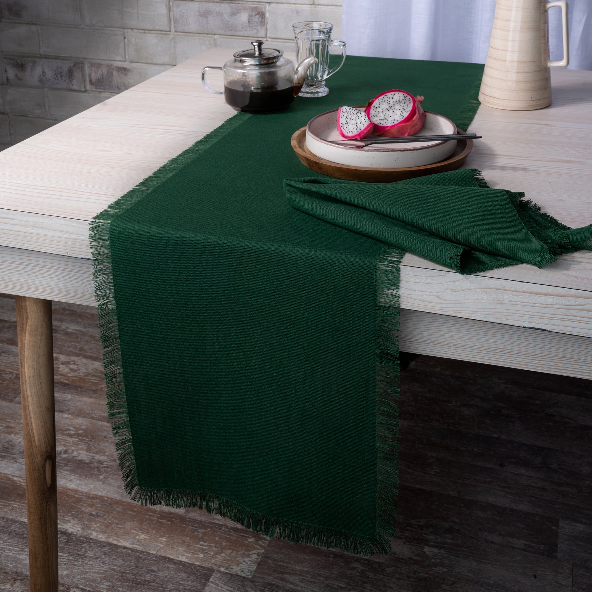 Eden Green Table Runner, Faux Linen, Fringe