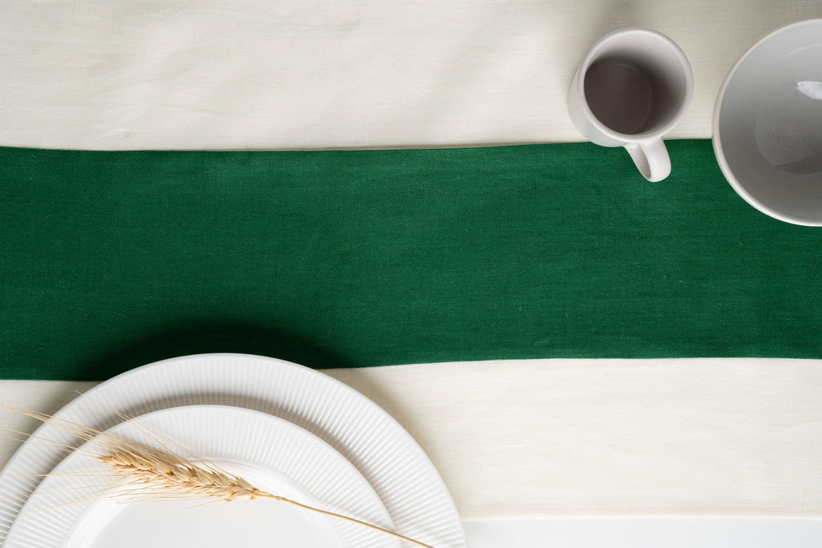 Ivory and Forest Green Linen Table Runner - Splicing
