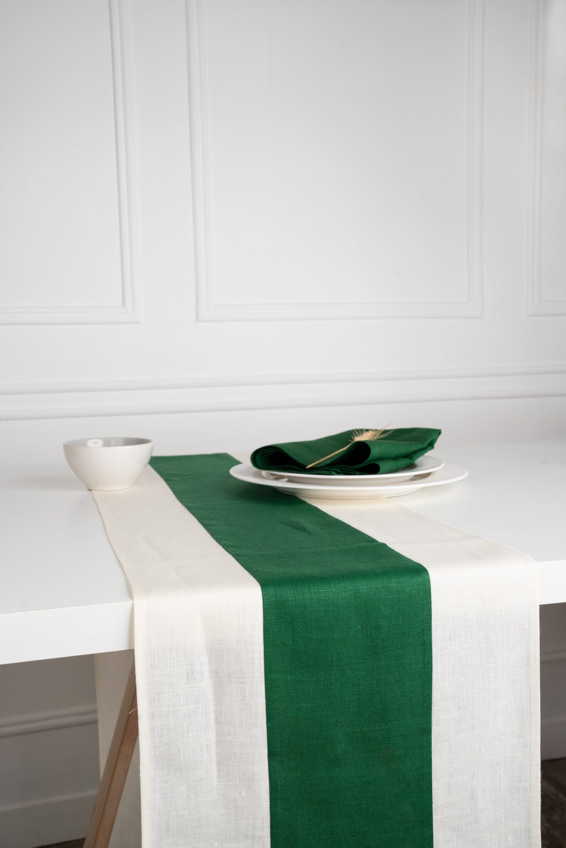 Splicing Linen Table Runner - Ivory and Forest green