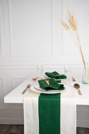 Splicing Linen Table Runner - Ivory and Forest green