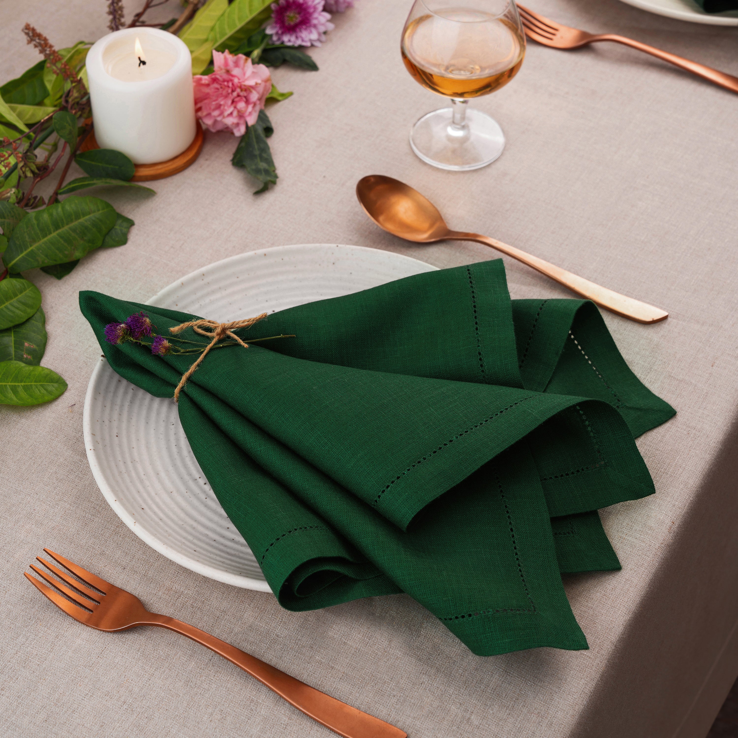 Forest Green Linen Napkins, Hemstitch, 20 x 20 inch, 4 pcs