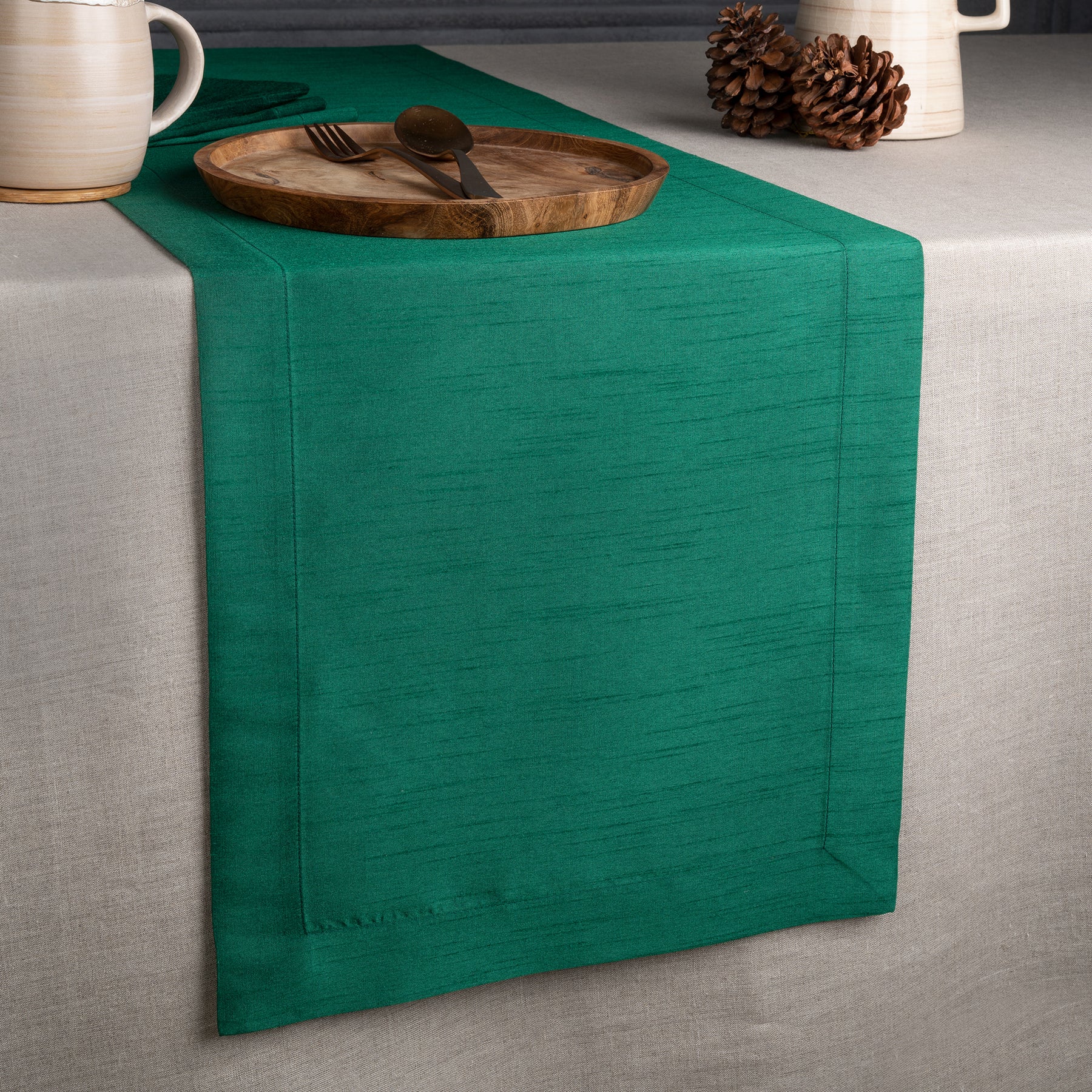 Emerald Green Vegan Silk Table Runner - Mitered Corner