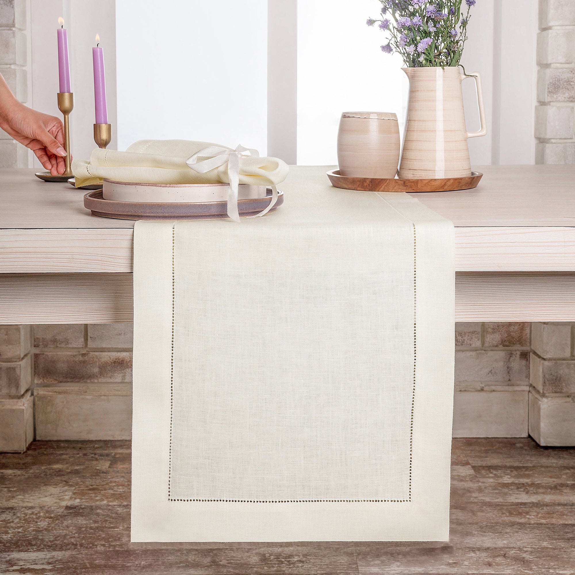 Ivory Linen Table Runner, Hemstitch