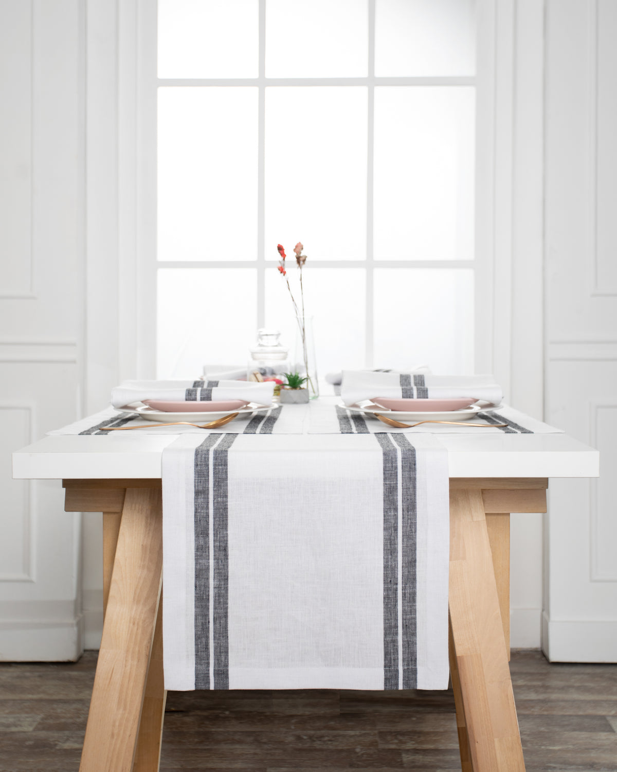 White and Black French Stripe Linen Table Runner