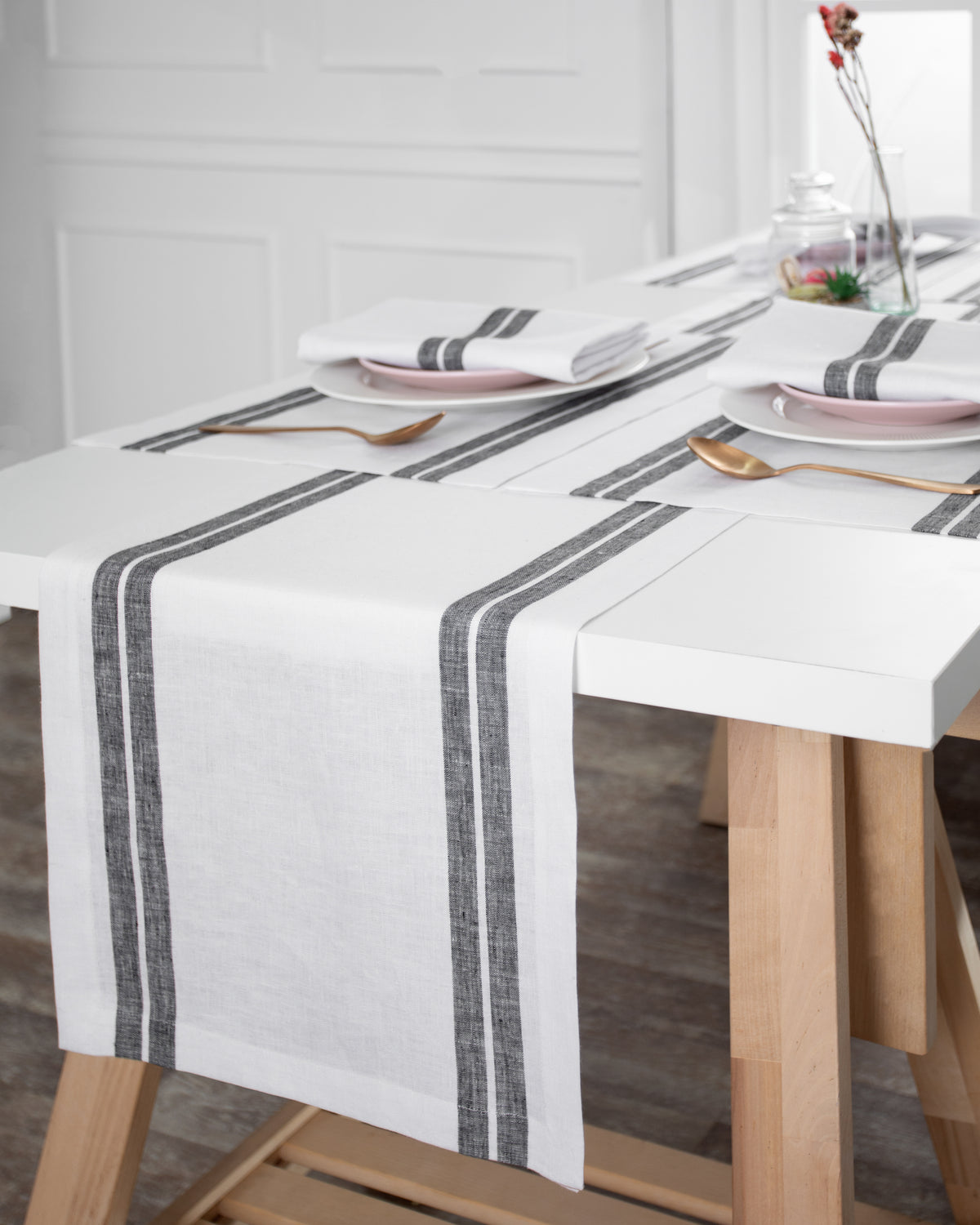 White and Black French Stripe Linen Table Runner