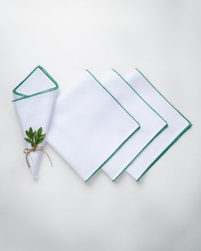 White & Green Linen Dinner Napkins 20 x 20 Inch Set of 4 - Whipstitch