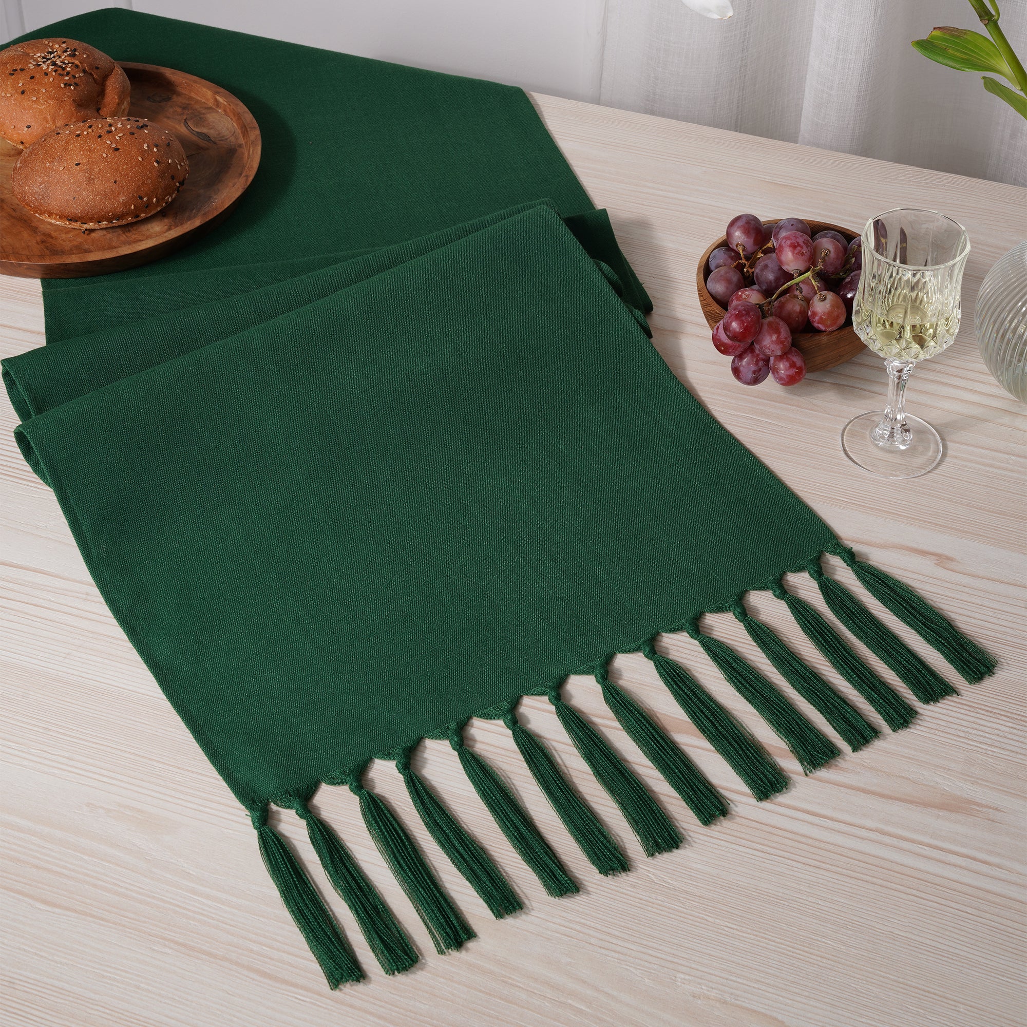 Eden Green Table Runner, Faux Linen, Tassel