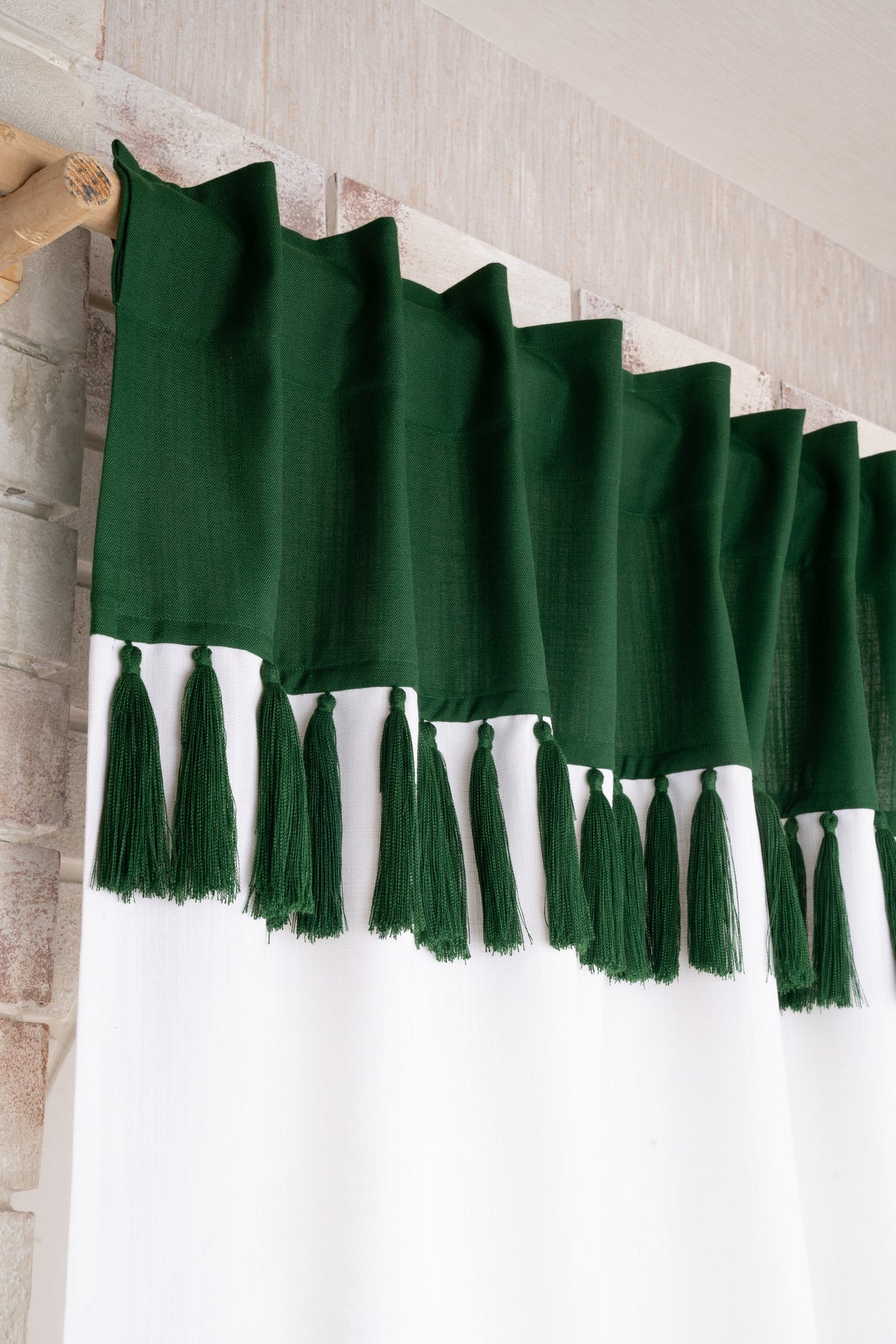 White and Green Linen Look Tassel Curtains | 1 Panel