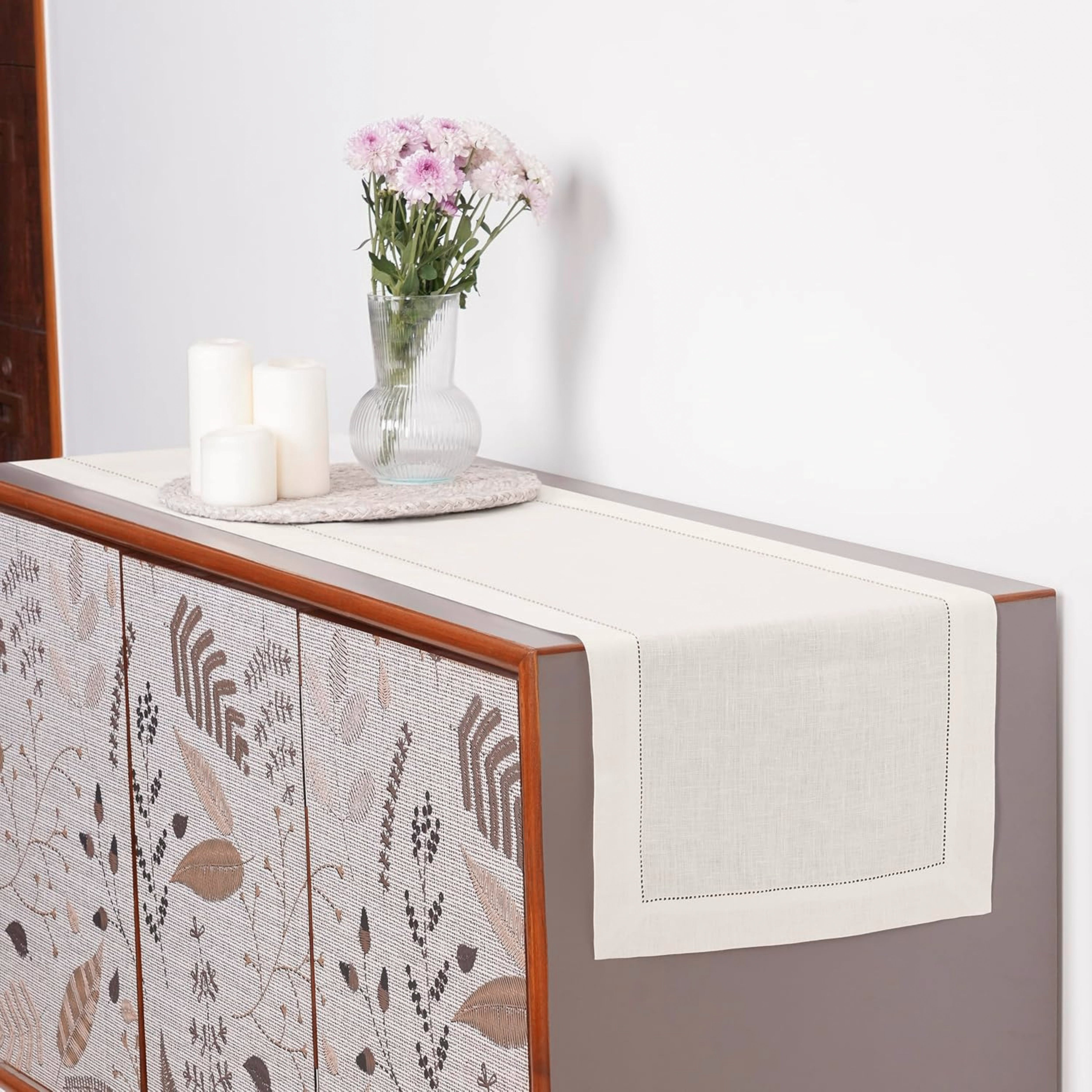 Ivory Linen Table Runner, Hemstitch