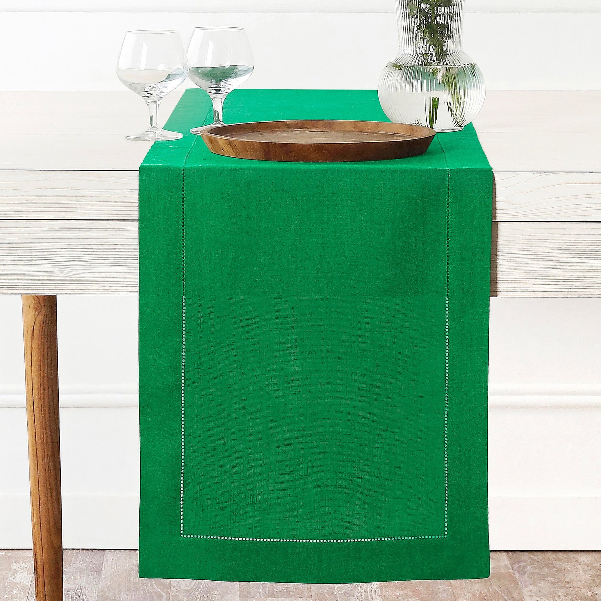 Kelly Green Pure Linen Table Runner - Hemstitch