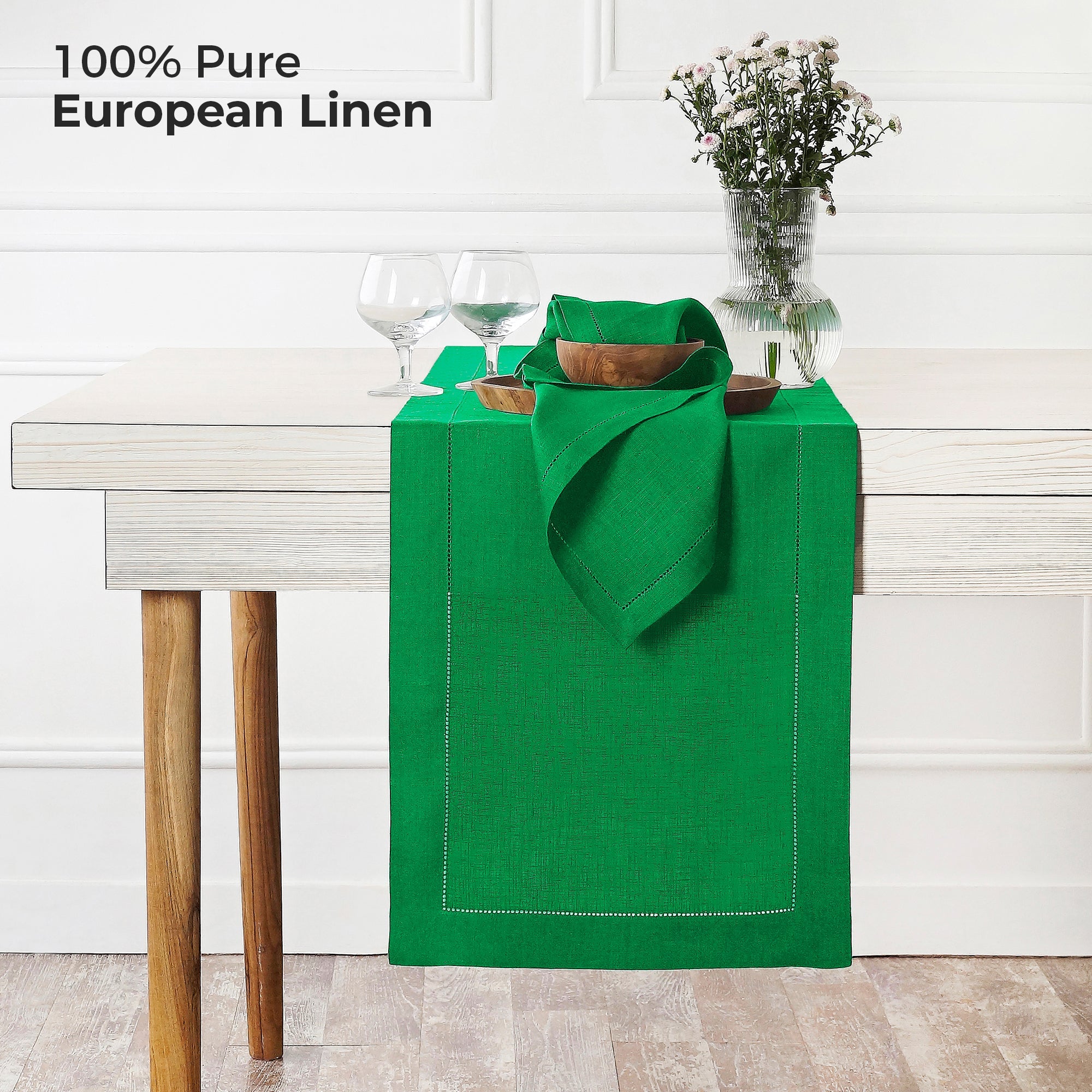 Kelly Green Pure Linen Table Runner - Hemstitch