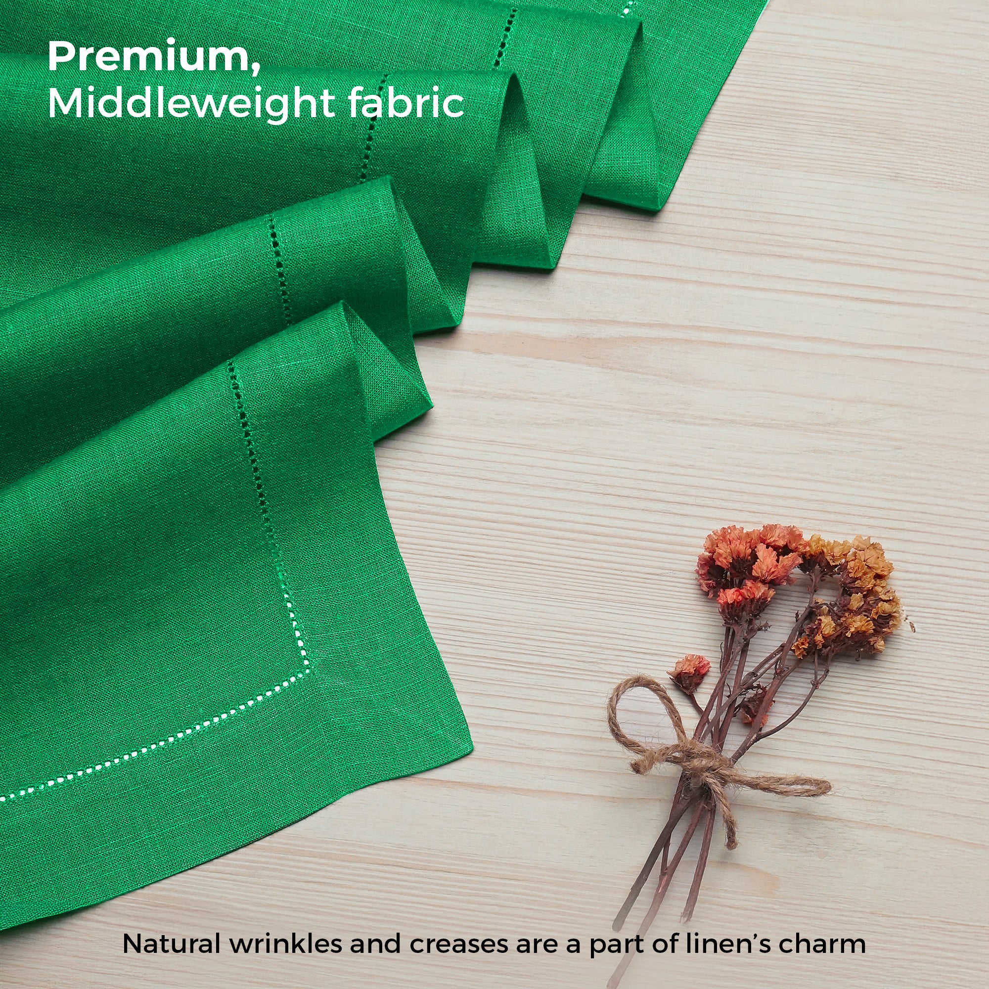 Kelly Green Linen Table Runner, Hemstitch