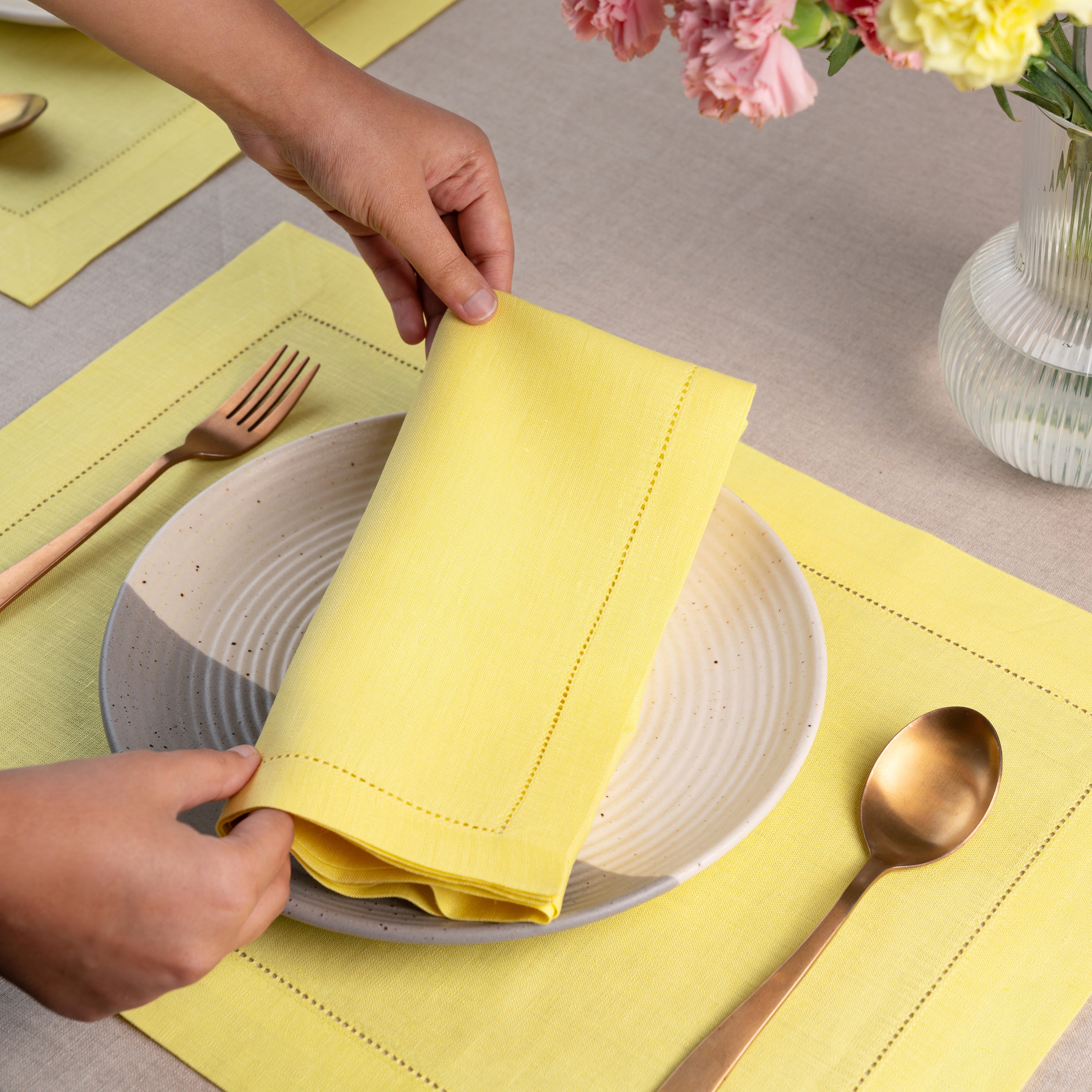 Lemon Yellow Linen Napkins, Hemstitch, 20 x 20 inch, 4 pcs