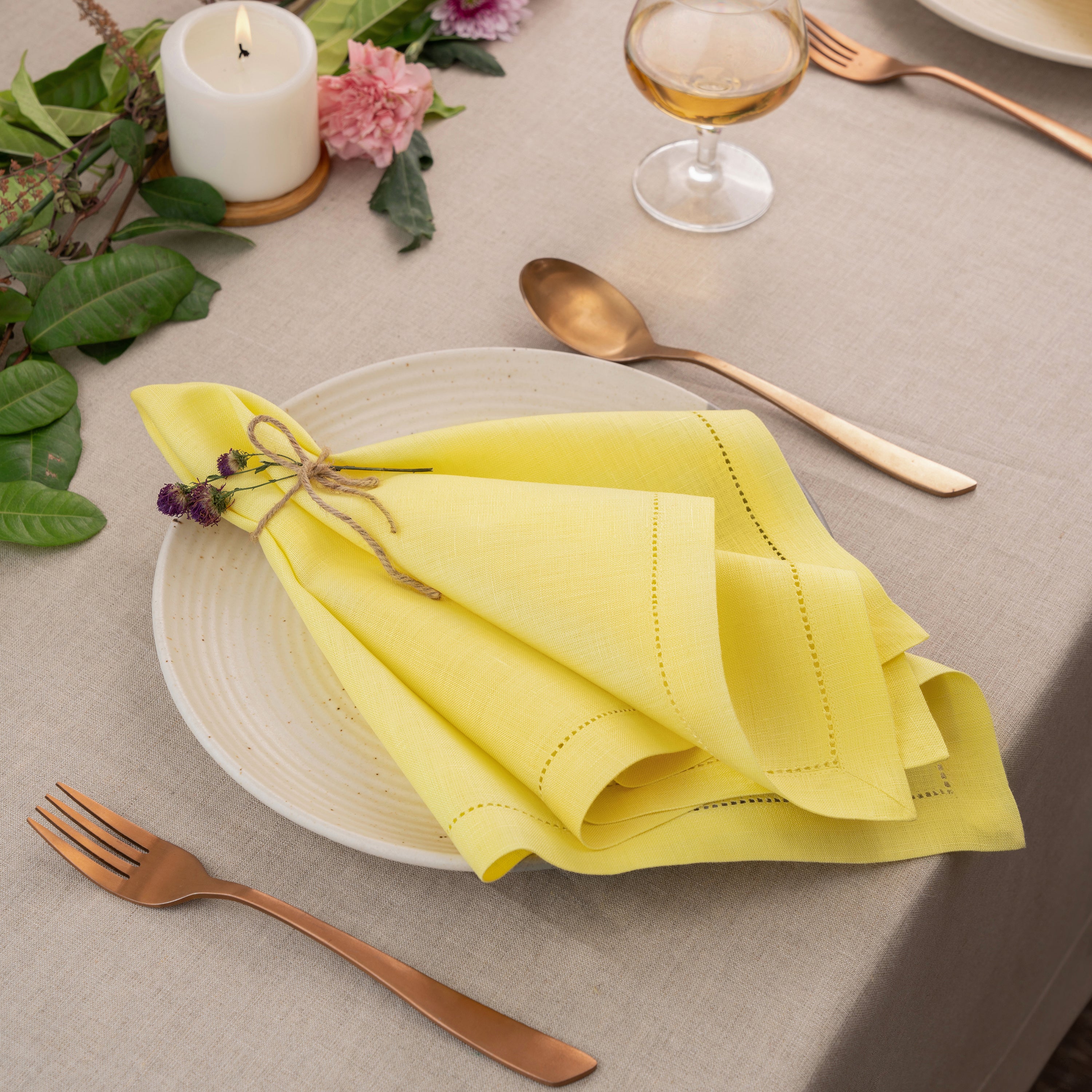 Lemon Yellow Linen Napkins, Hemstitch, 20 x 20 inch, 4 pcs