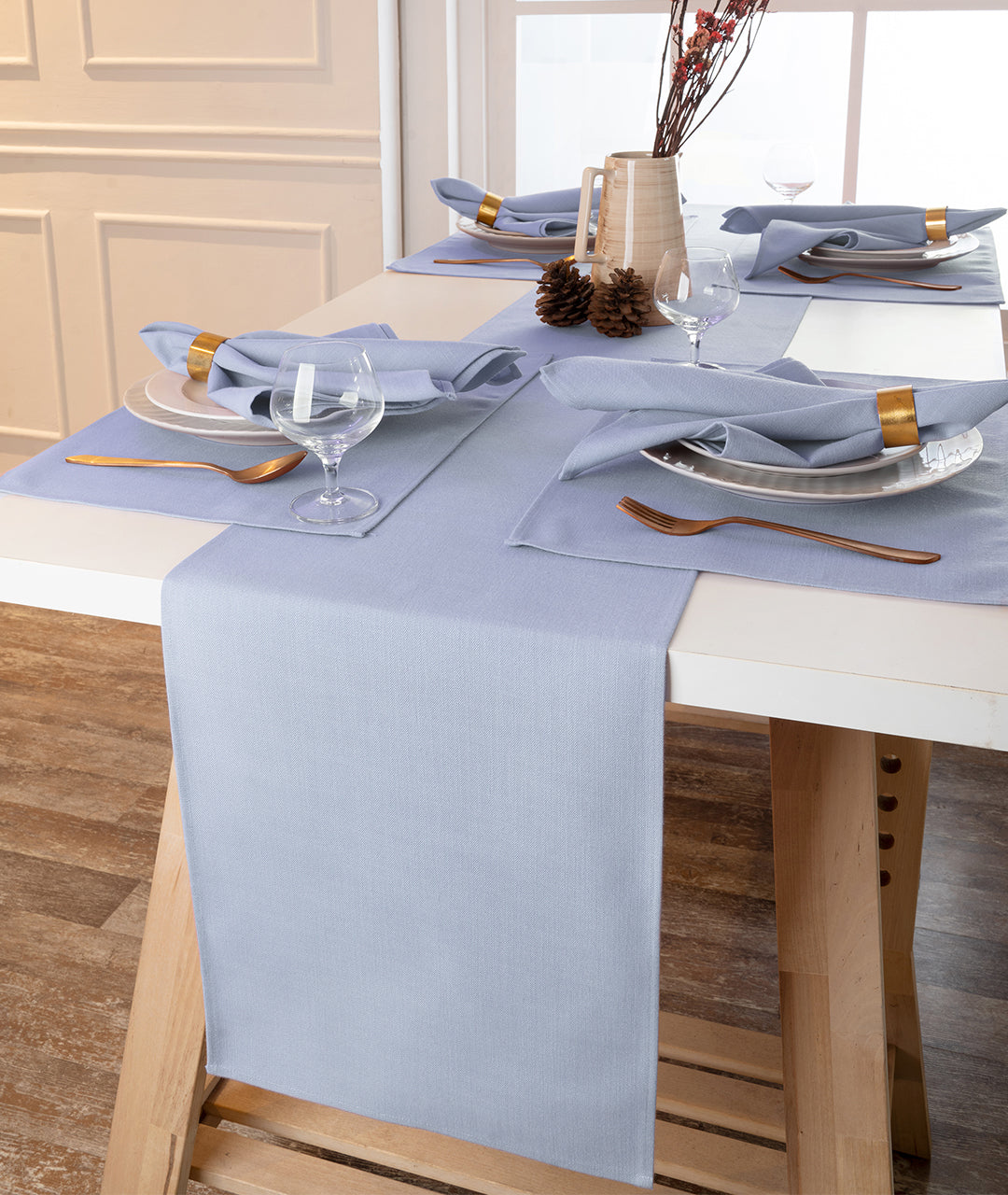 Powder Blue Linen Textured Table Runner - Plain