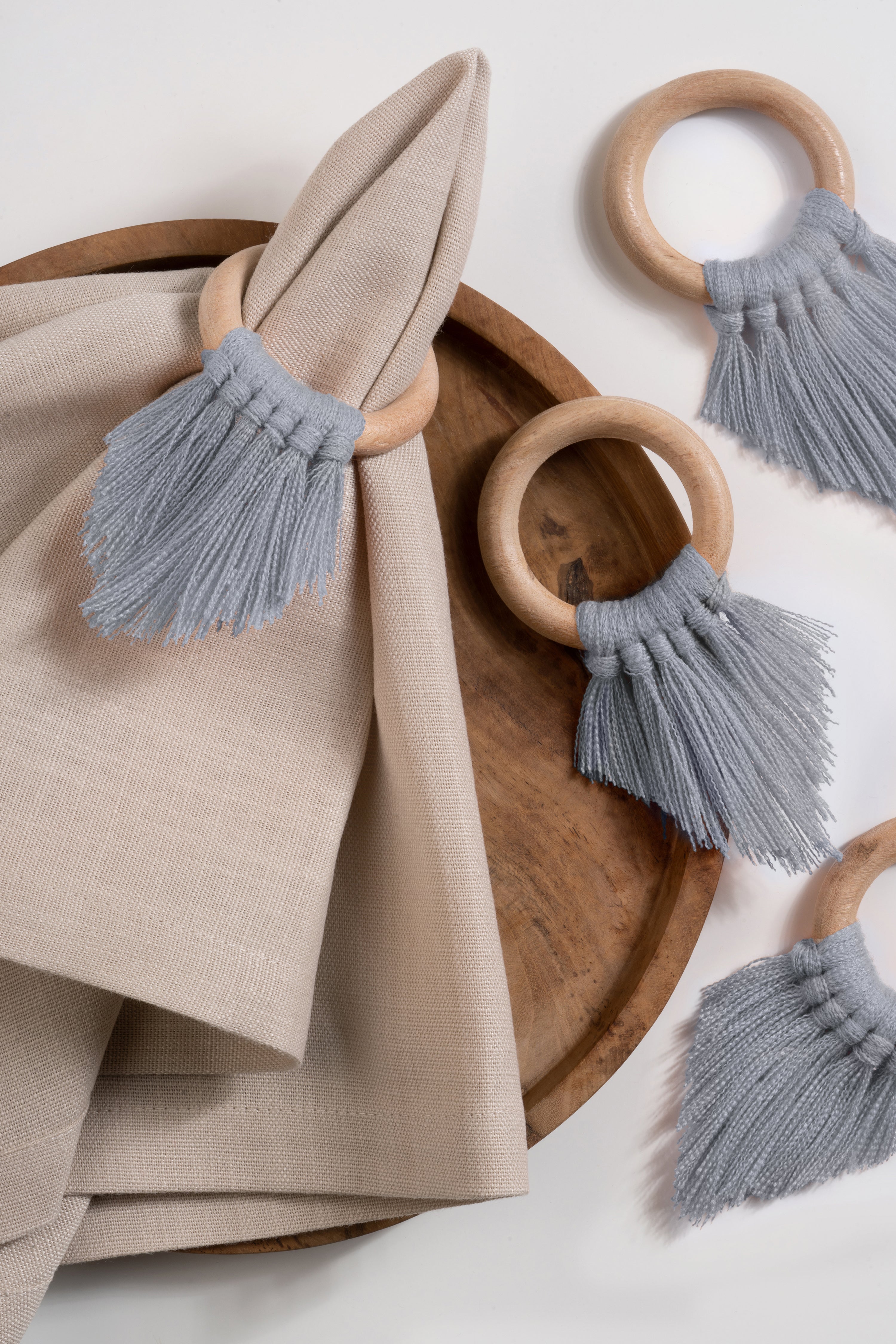 Light Grey Napkin Rings With Fringe