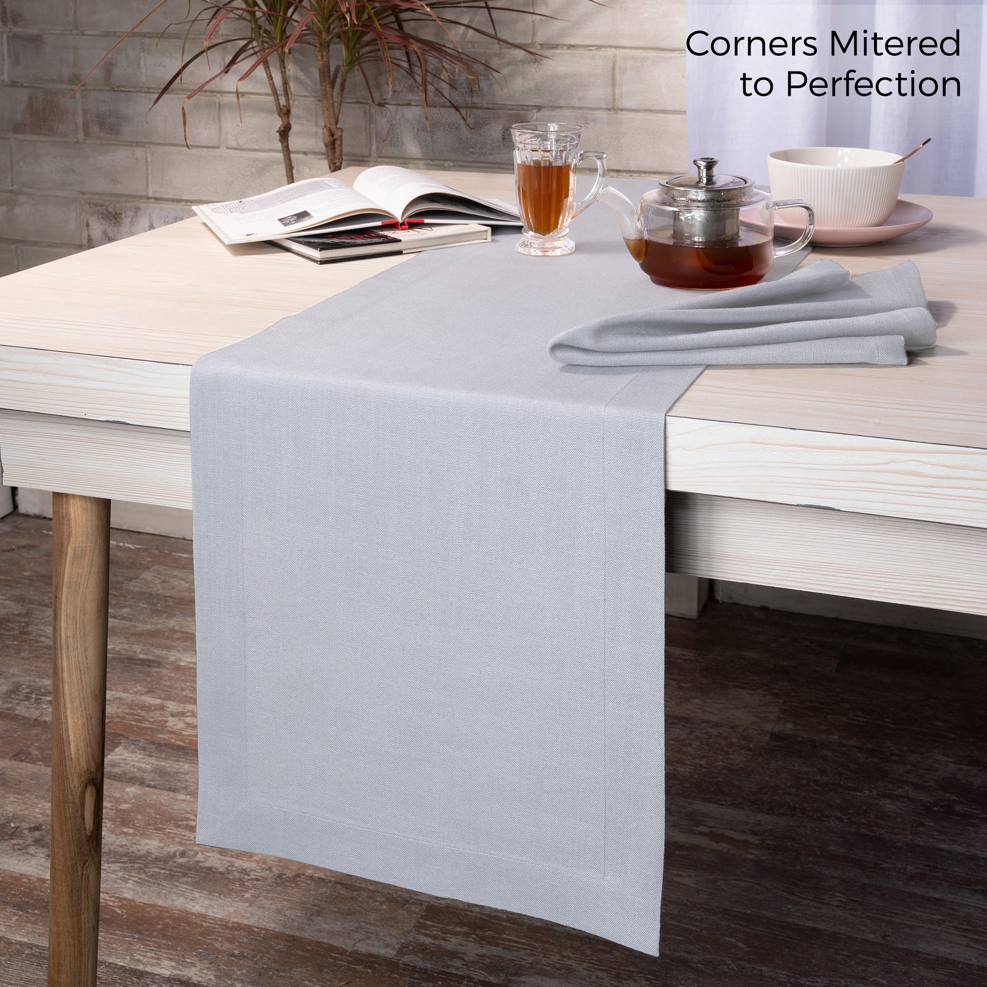 Light Grey Table Runner, Faux Linen, Mitered Corner