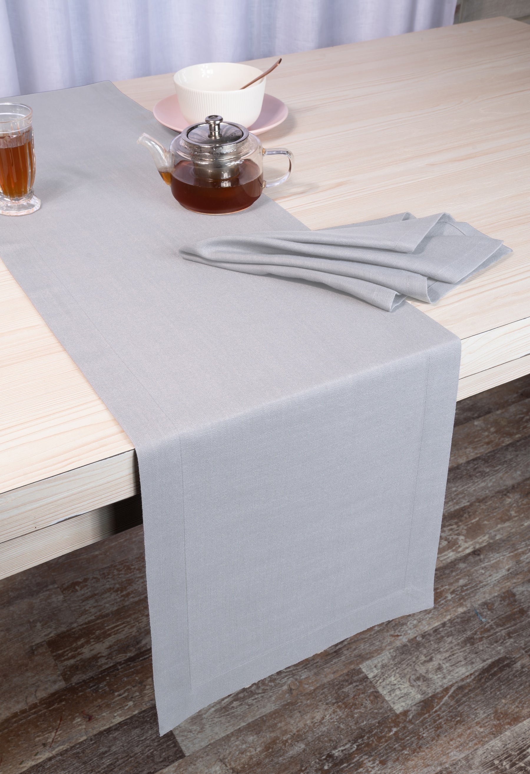 Light Grey Linen Look Recycled Fabric Mitered Corner Table Runner