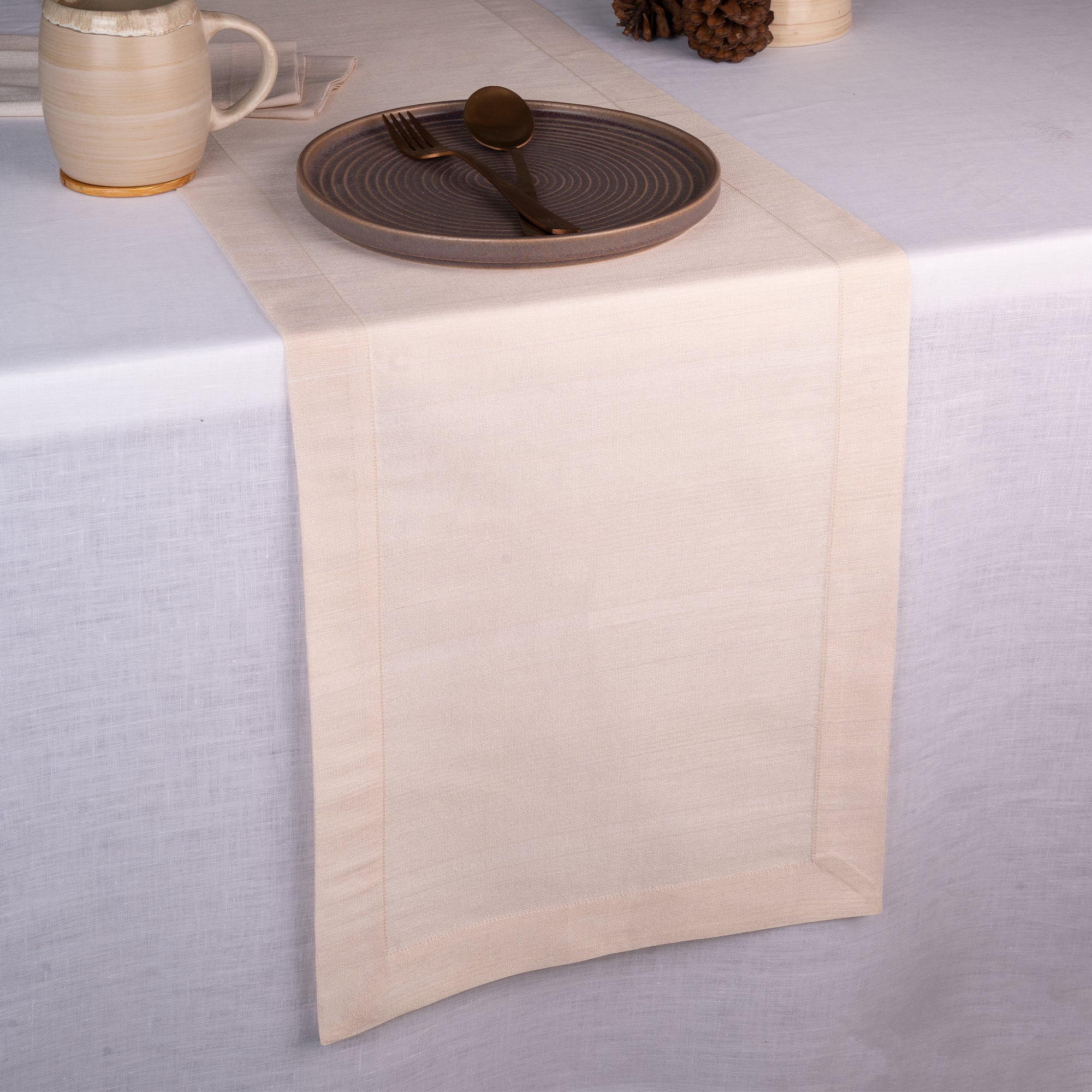 Light Natural Table Runner, Vegan Silk, Mitered Corner