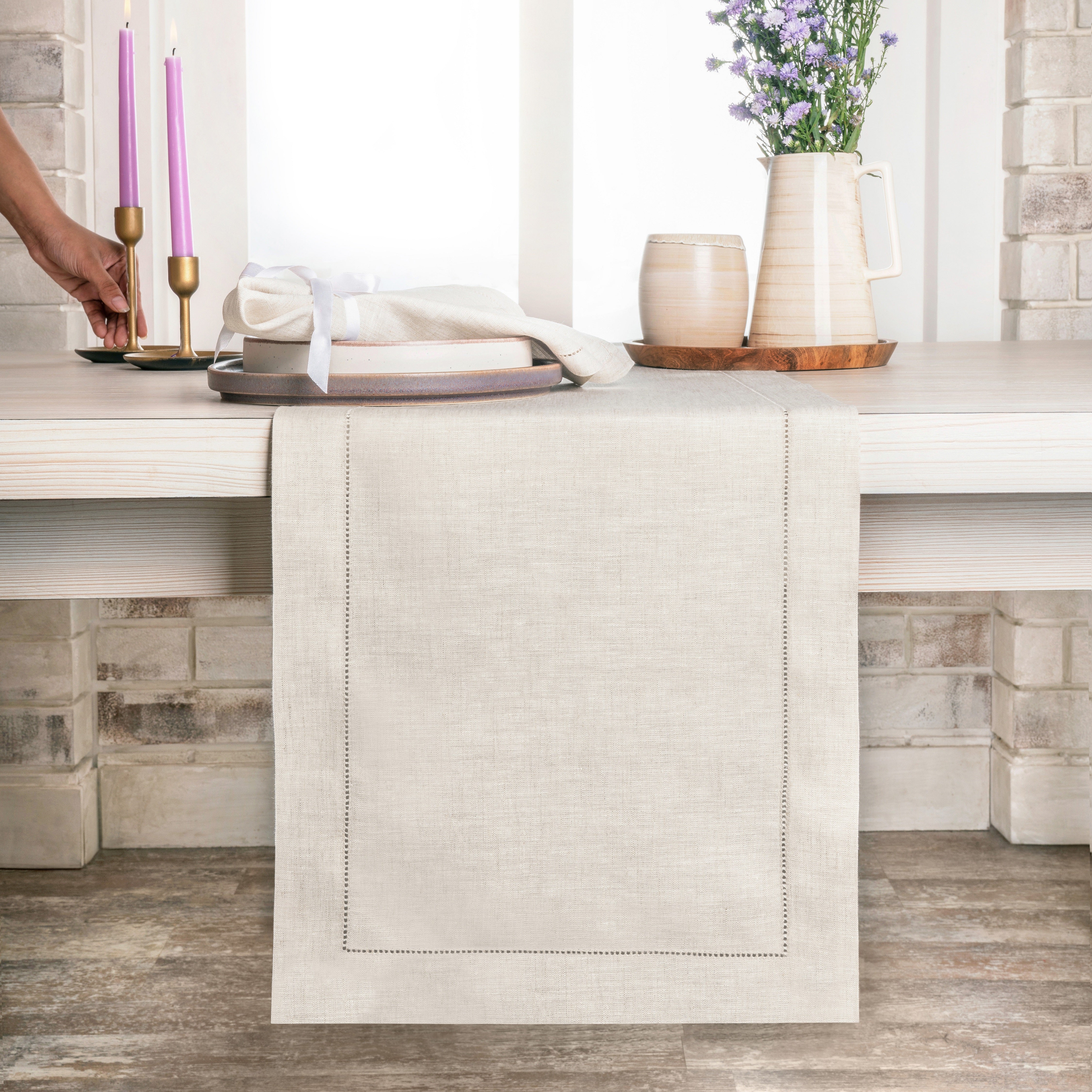 Light Natural Linen Table Runner, Hemstitch