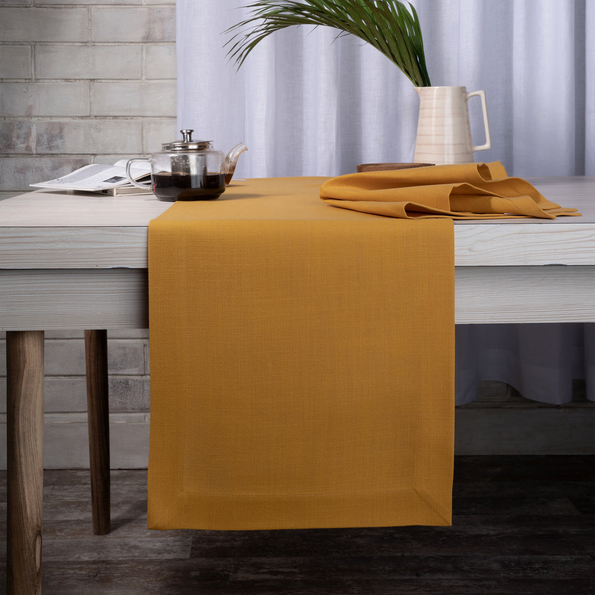Mustard Faux Linen Table Runner - Mitered Corner